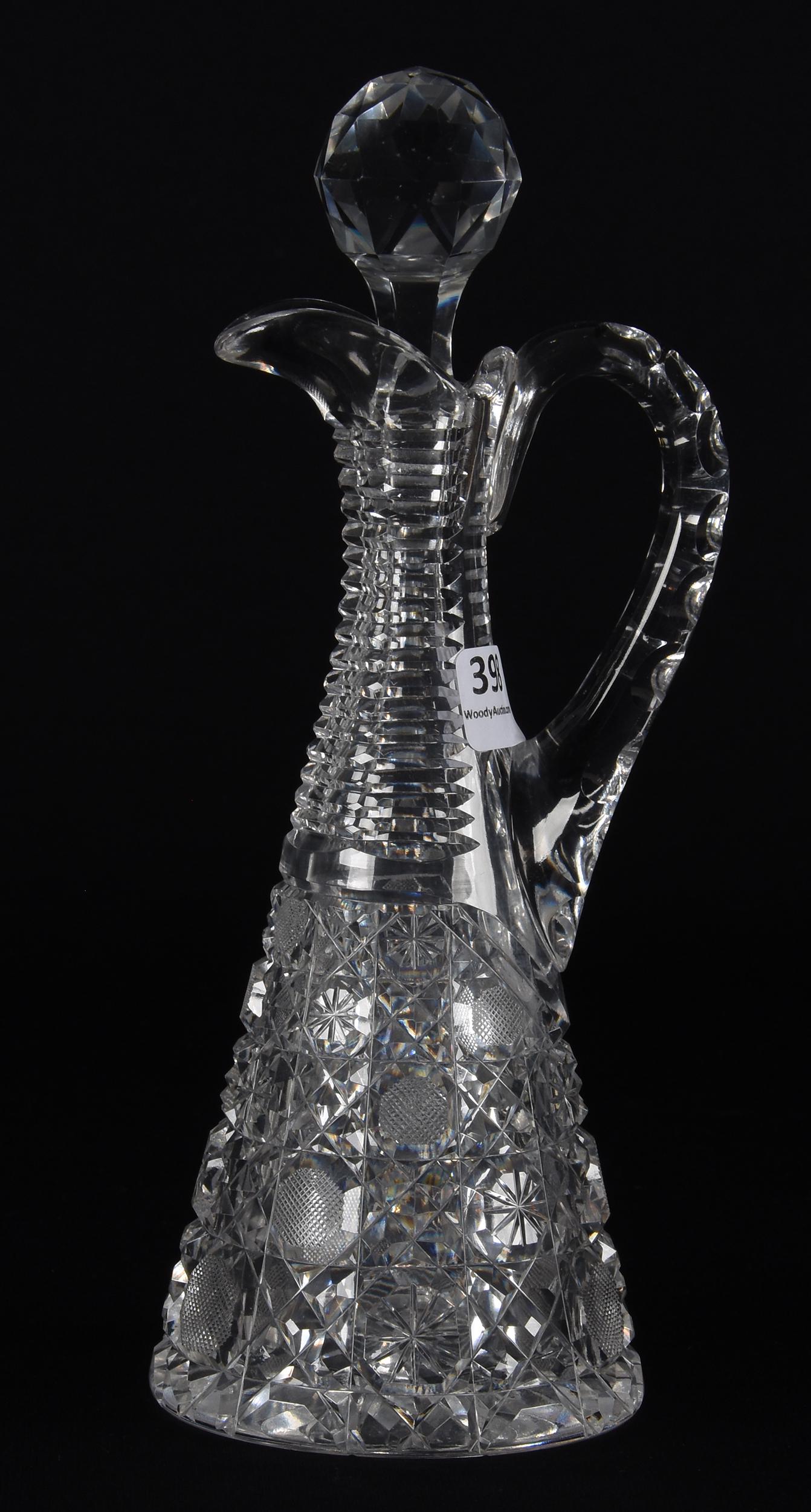 Cruet Bottle, American Brilliant Cut Glass: Cruet Bottle, American Brilliant Cut Glass; 9" Harvard Pattern, Step Cut Neck, Ray Cut Base; Doherty Collection, New Jersey