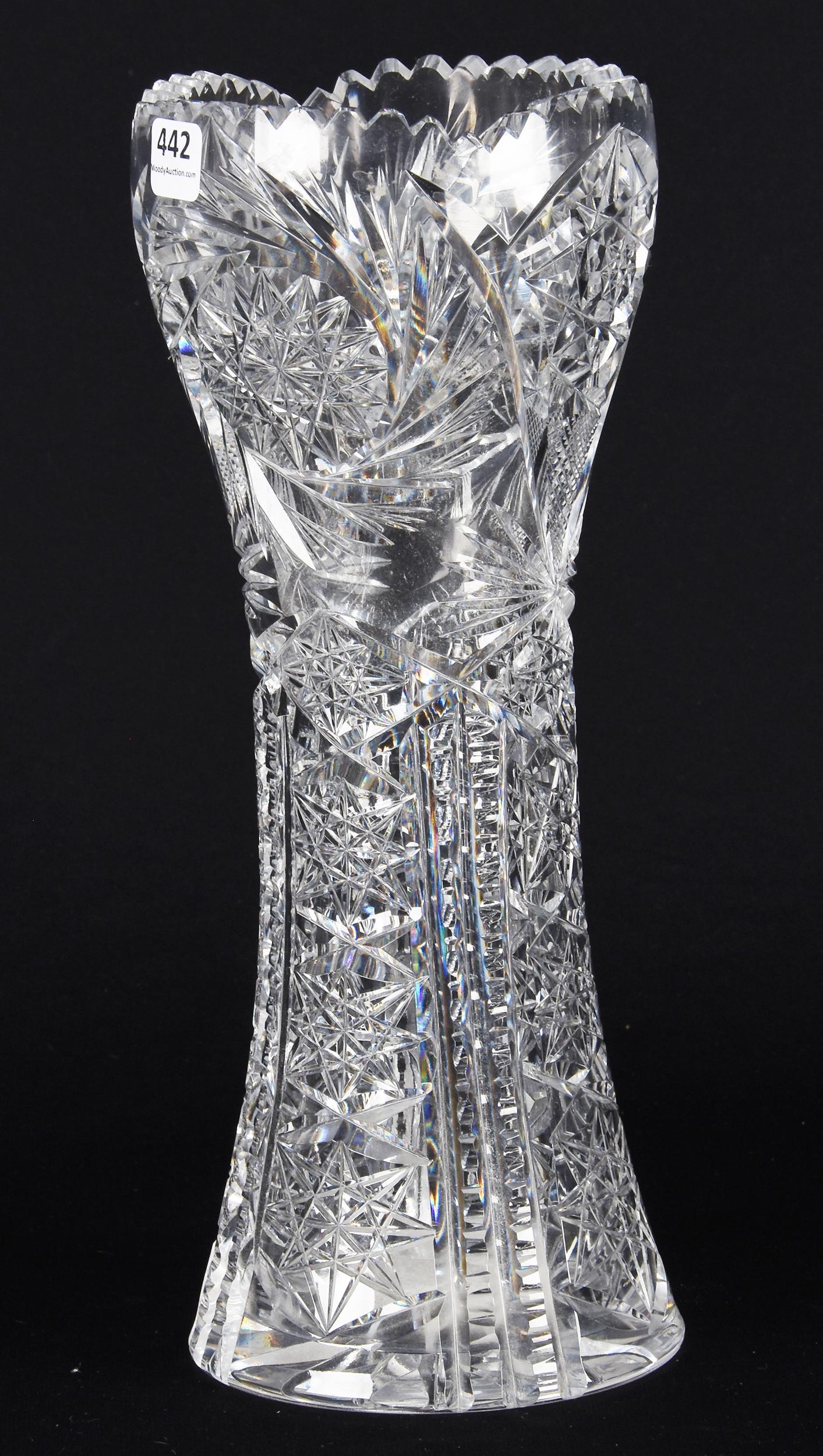 Vase, American Brilliant Cut Glass: Vase, American Brilliant Cut Glass; 12" Pinwheel, Hobstar, Strawberry Diamond, Zipper and Fan Motif, Minor Edge Nicks; Doherty Collection, New Jersey