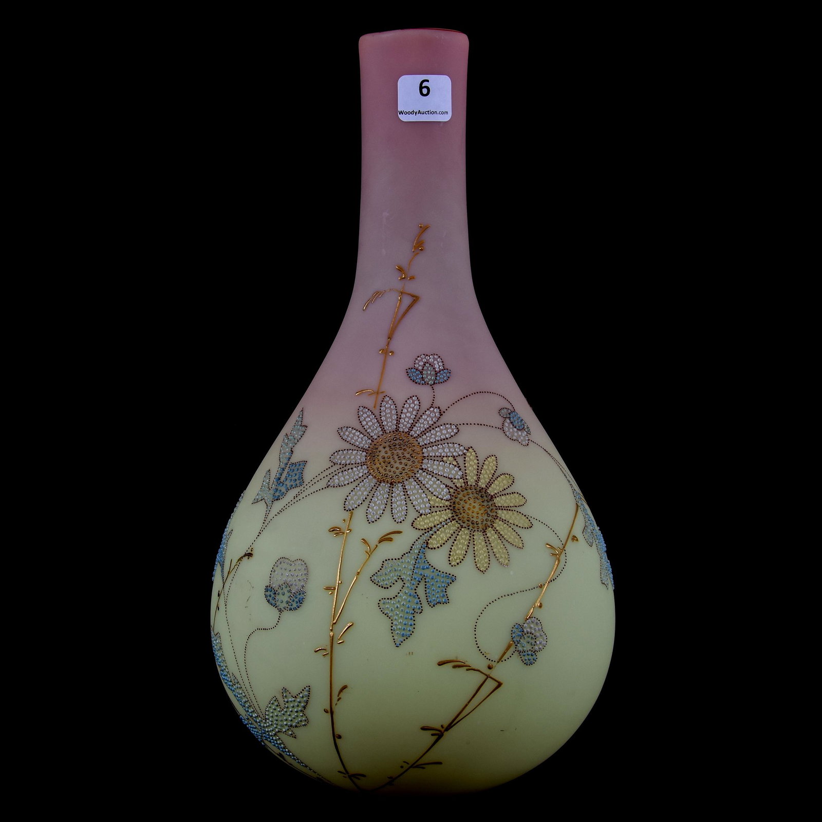 Art Glass Vase, Decorated Mt. Washington Burmese: Art Glass Vase, Decorated Mt. Washington Burmese; 12" Gourd Shape, Outstanding Beaded Enamel Tapestry Decor; Late Betty & Bob Sisk Collection, Tennessee