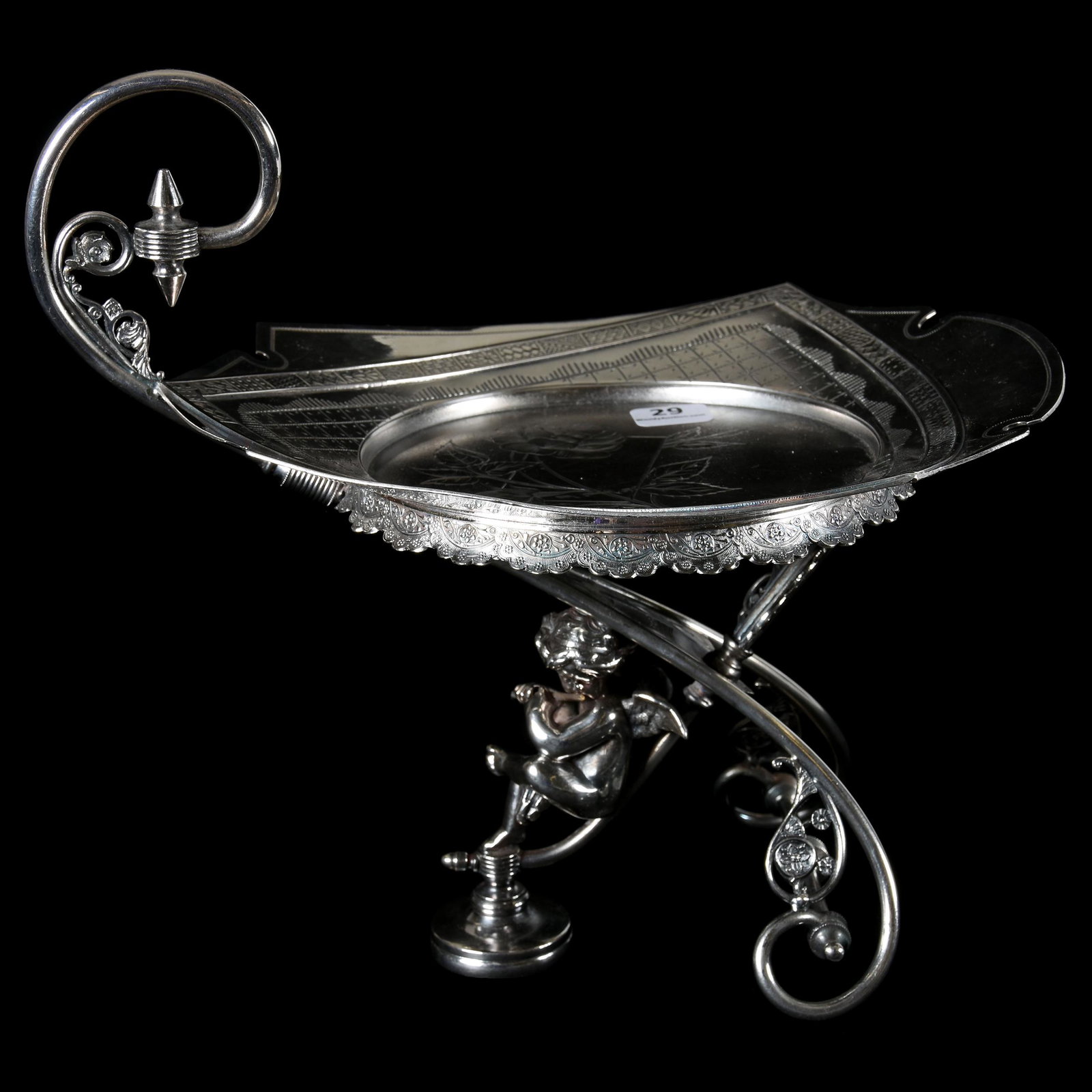 Silverplate Victorian Card Receiver Stand: Silverplate Victorian Card Receiver Stand; 9.75" x 10.5" Marked Derby #3510, Features Cherub Playing Flute with Engraved Rose Branch; Private Collection, Arizona