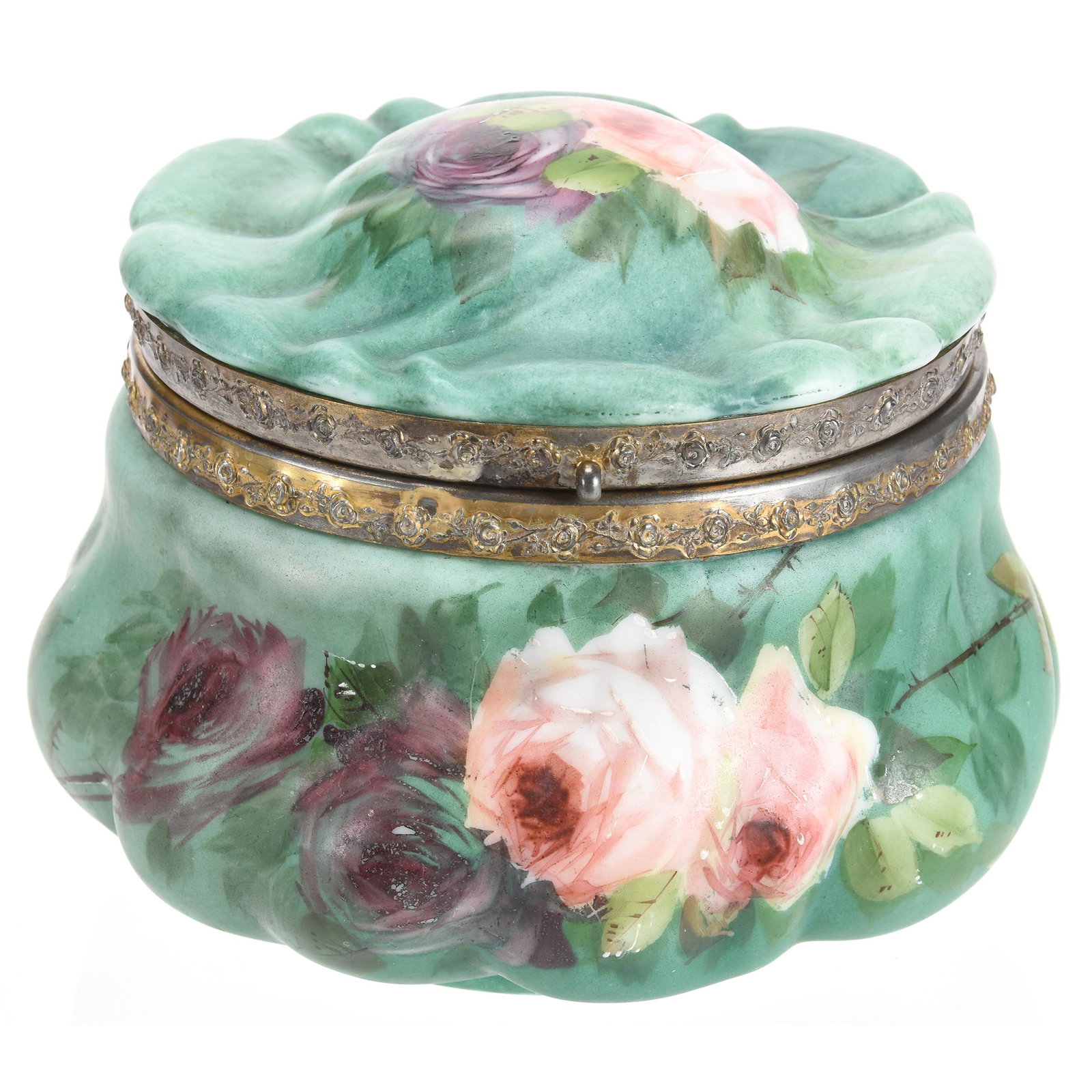 Dresser Box, Unmarked, Attributed to Pairpoint: Dresser Box, Unmarked, Attributed to Pairpoint; 5.75" x 7.5" Green Background with Pink and Lavender Rose Decor; Newland Collection, California