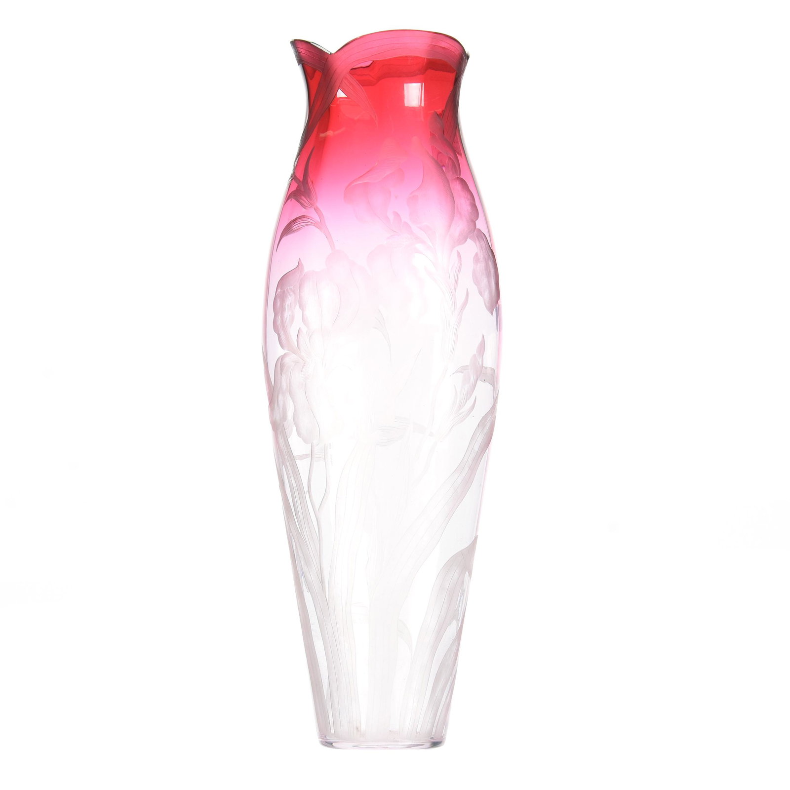 Rubina Vase Signed Val St. Lambert: Rubina Vase Signed Val St. Lambert; 16.5" Elaborate Engraved Iris Decor, Very Unusual, Highest Quality; Private Collection, Ohio