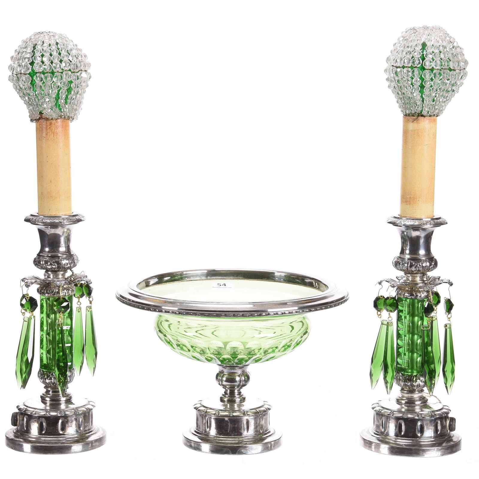 Console Set, Three Piece, Marked Pairpoint: Console Set, Three Piece, Marked Pairpoint; N/A; Pair 16" Electrified Candlesticks, #C-6147, Apple Green Glass Cut in Bullseye Design; (1) Matching 6.5" X 9.25" Console Bowl Marked #C5524; Private Col