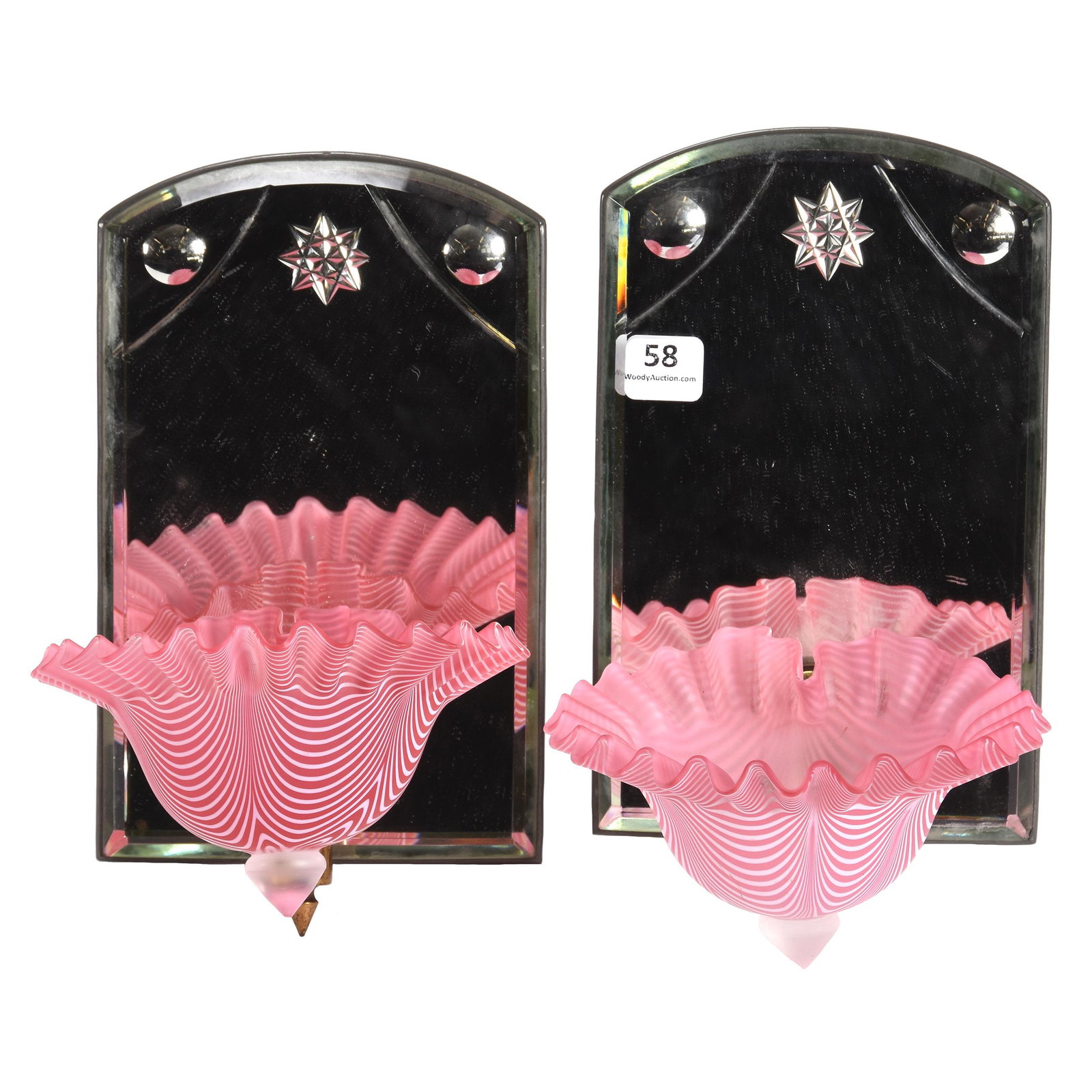 Pair Candle Wall Sconces: Pair Candle Wall Sconces; 8.5" x 5.5" Beveled Mirror Back Holding Cranberry and White Nailsea Ruffled Candle Cups, Surface Chip on One Ruffle; Private Collection, Michigan. UPDATED 3-13-20: The item w