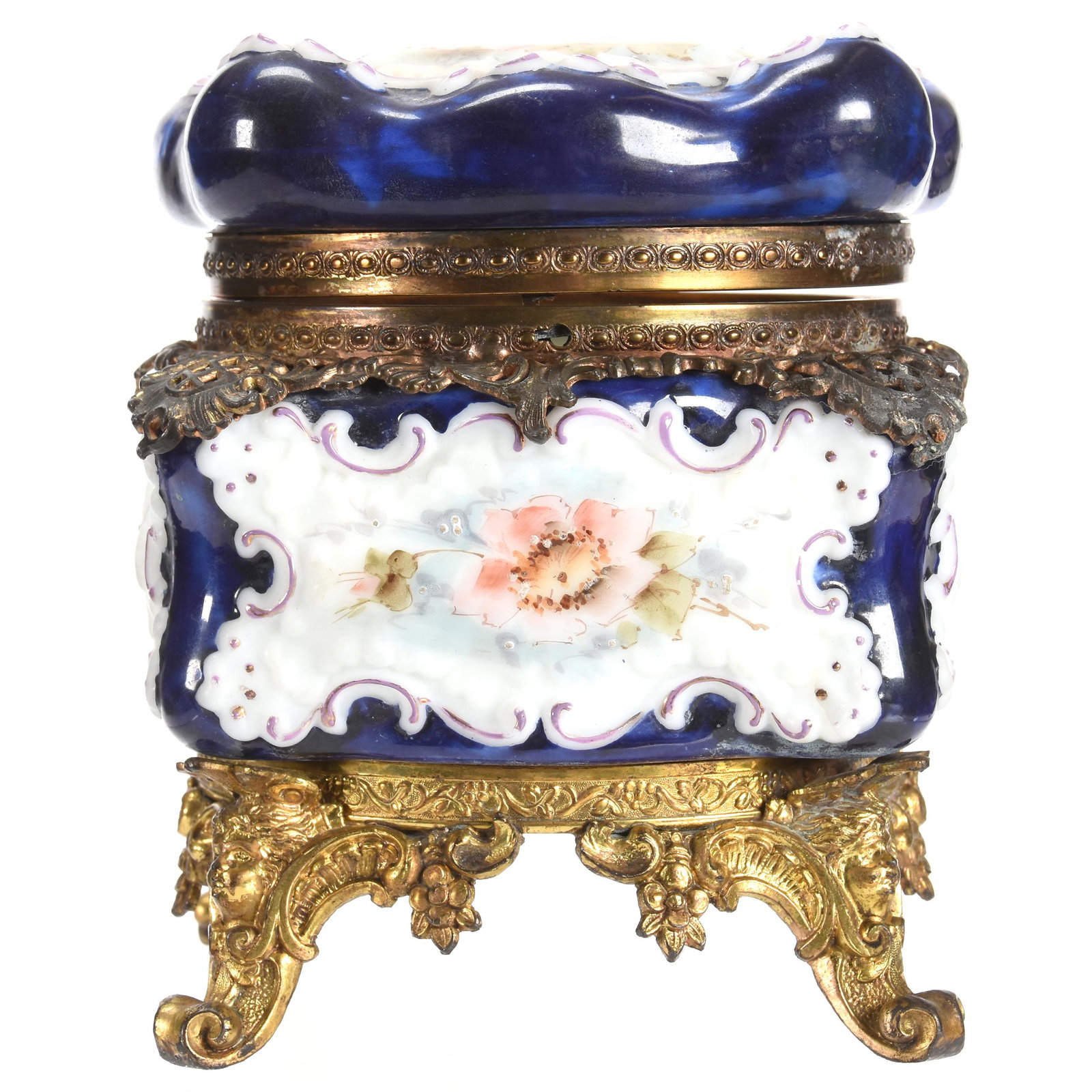 Dresser Box Marked Wave Crest (Banner Mark): Dresser Box Marked Wave Crest (Banner Mark); 6" x 5" Egg Crate and Scroll Mold, Cobalt Blue Border with White Panels Featuring Pink Floral and Enamel Highlights, Gilt Metal Feet; Newland Collection, C