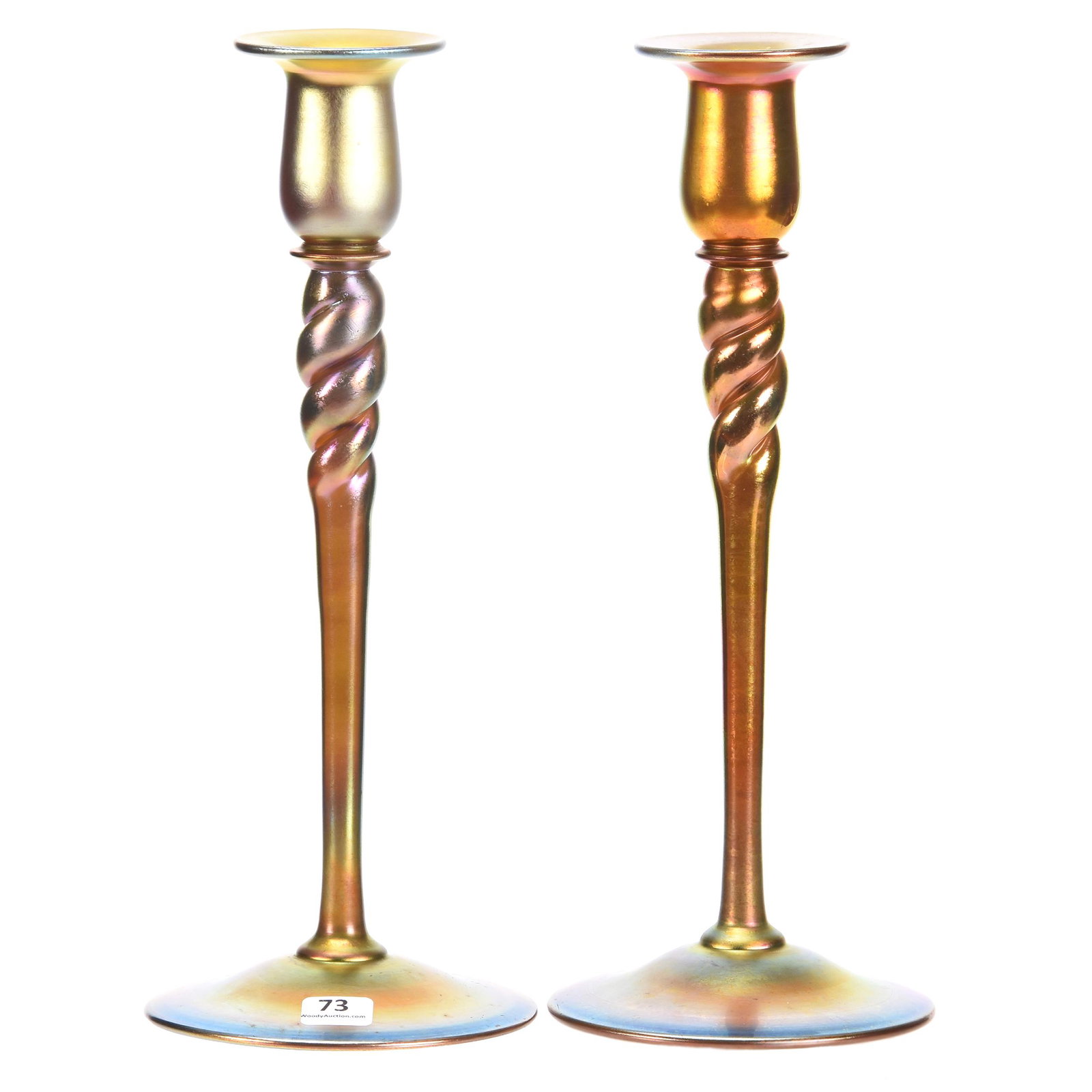 Pair Art Glass Candle Holders: Pair Art Glass Candle Holders; 12.25" Gold Aurene Signed "Aurene #989" Beautiful Twist Stem, Nice Color, One Has Original Steuben Paper Label; Private Collection, Massachusetts