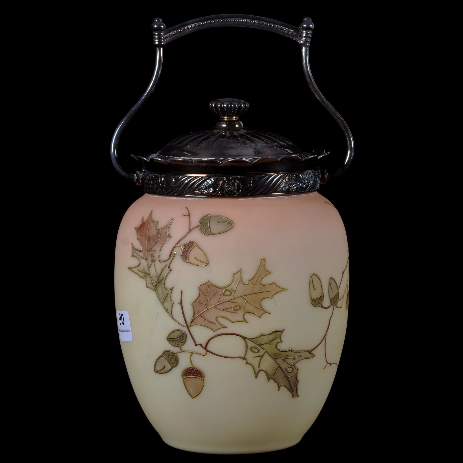 Biscuit Jar, Mt. Washington Burmese: Biscuit Jar, Mt. Washington Burmese; 7.5" Decorated with Acorn Branch Decor and Enamel Highlights, Silverplate Lid and Bail Marked Pairpoint; Blattner Collection, Montana