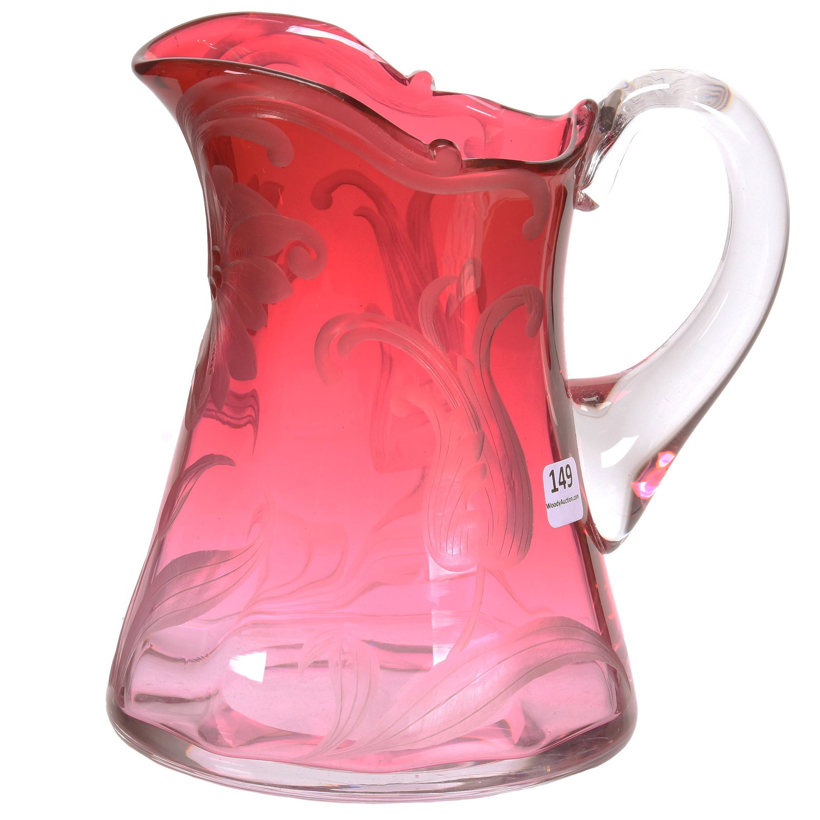 Water Pitcher, Rubina Art Glass: Water Pitcher, Rubina Art Glass; 7.75" Finely Engraved Floral Decor, Val St. Lambert Quality, Extra Nice; Private Collection, Ohio