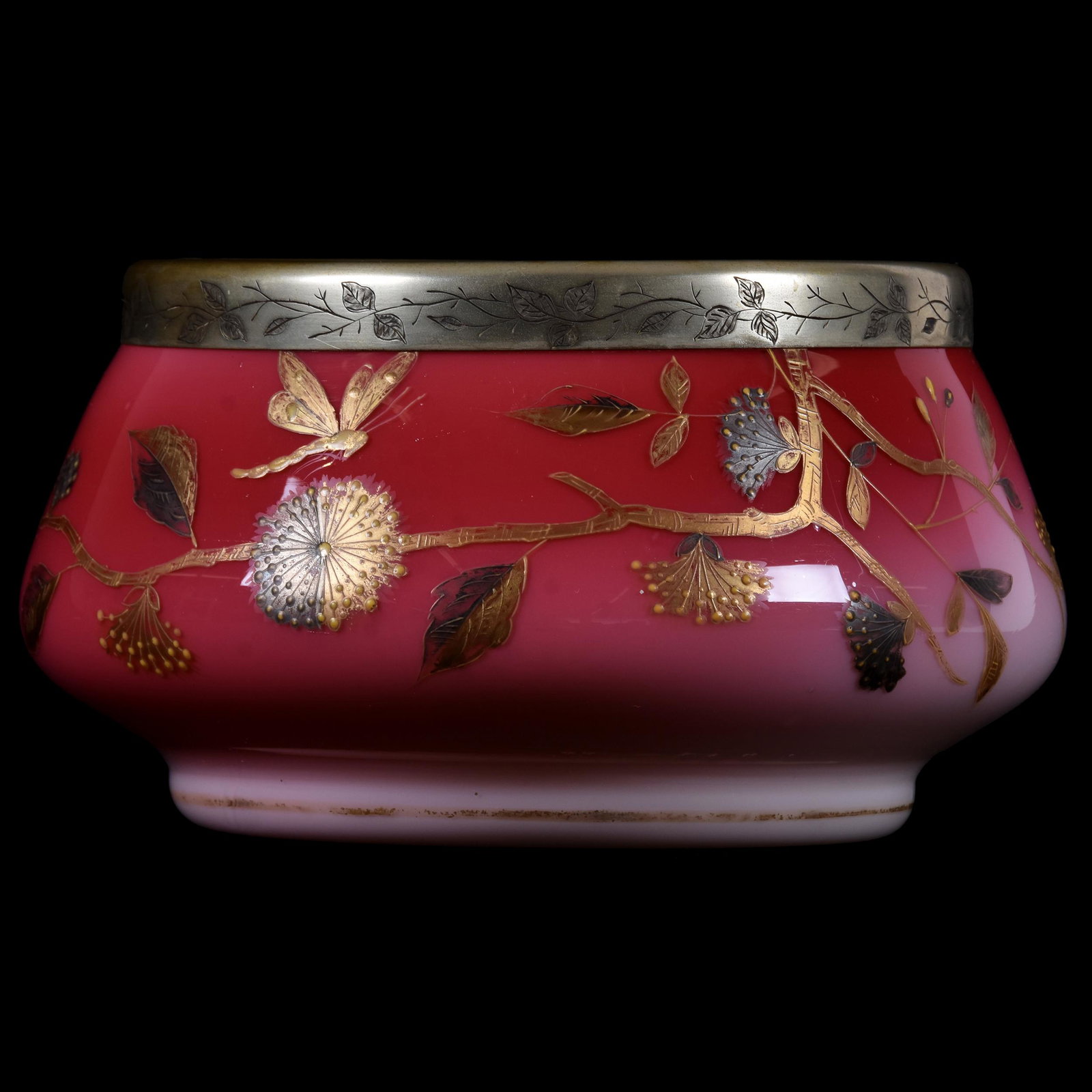 Salad Bowl, Unmarked Webb Peachblow: Salad Bowl, Unmarked Webb Peachblow; 4.75" x 9" Silverplate Rim, Enamel Branch and Blossom Decor; Private Collection.