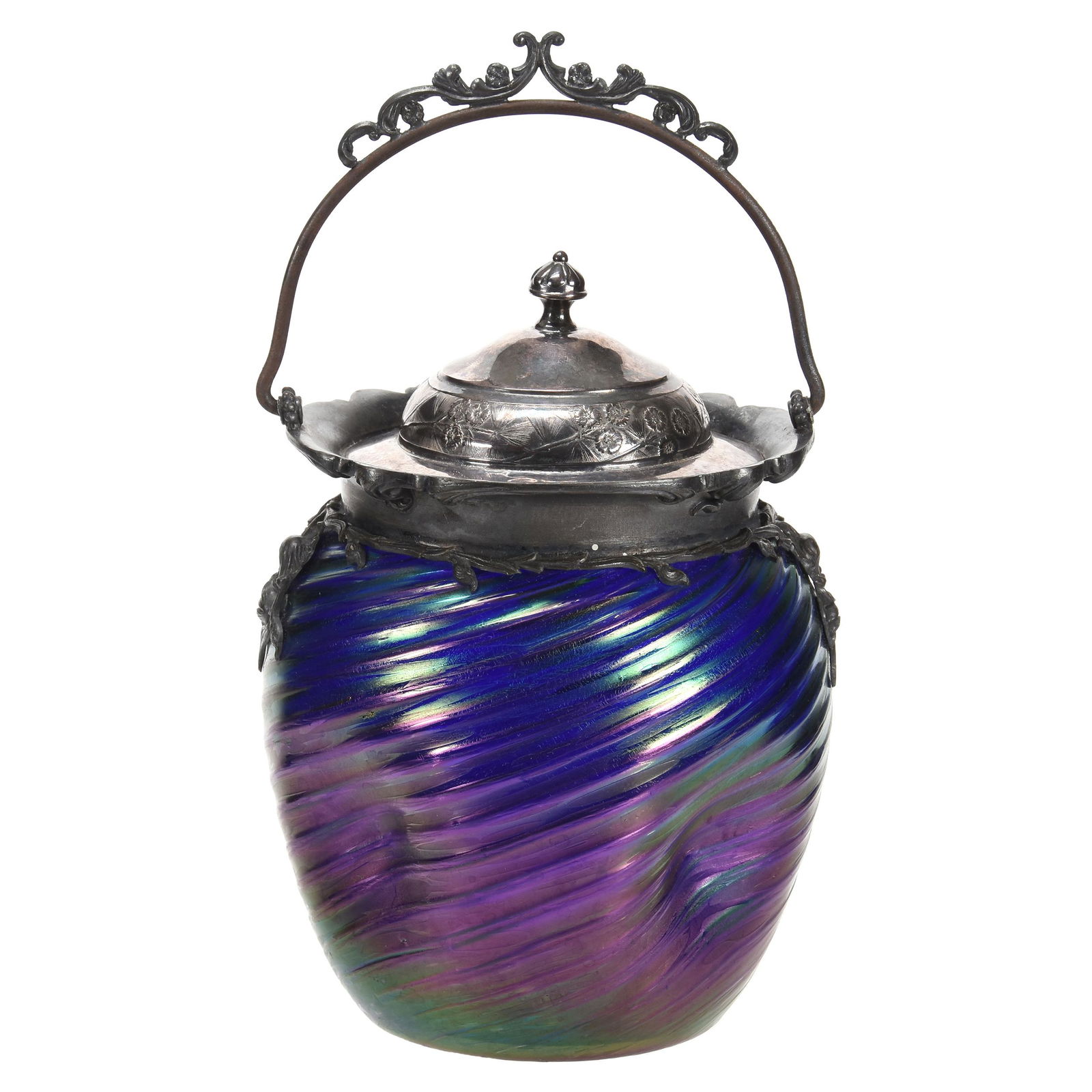 Biscuit Jar, Loetz Style: Biscuit Jar, Loetz Style; 7.75" Blue Art Glass, Four Dimpled Sides, Swirl Mold, Highly Iridescent Exterior, Silverplate Lid and Bail with Floral Highlights; Private Collection, Ohio