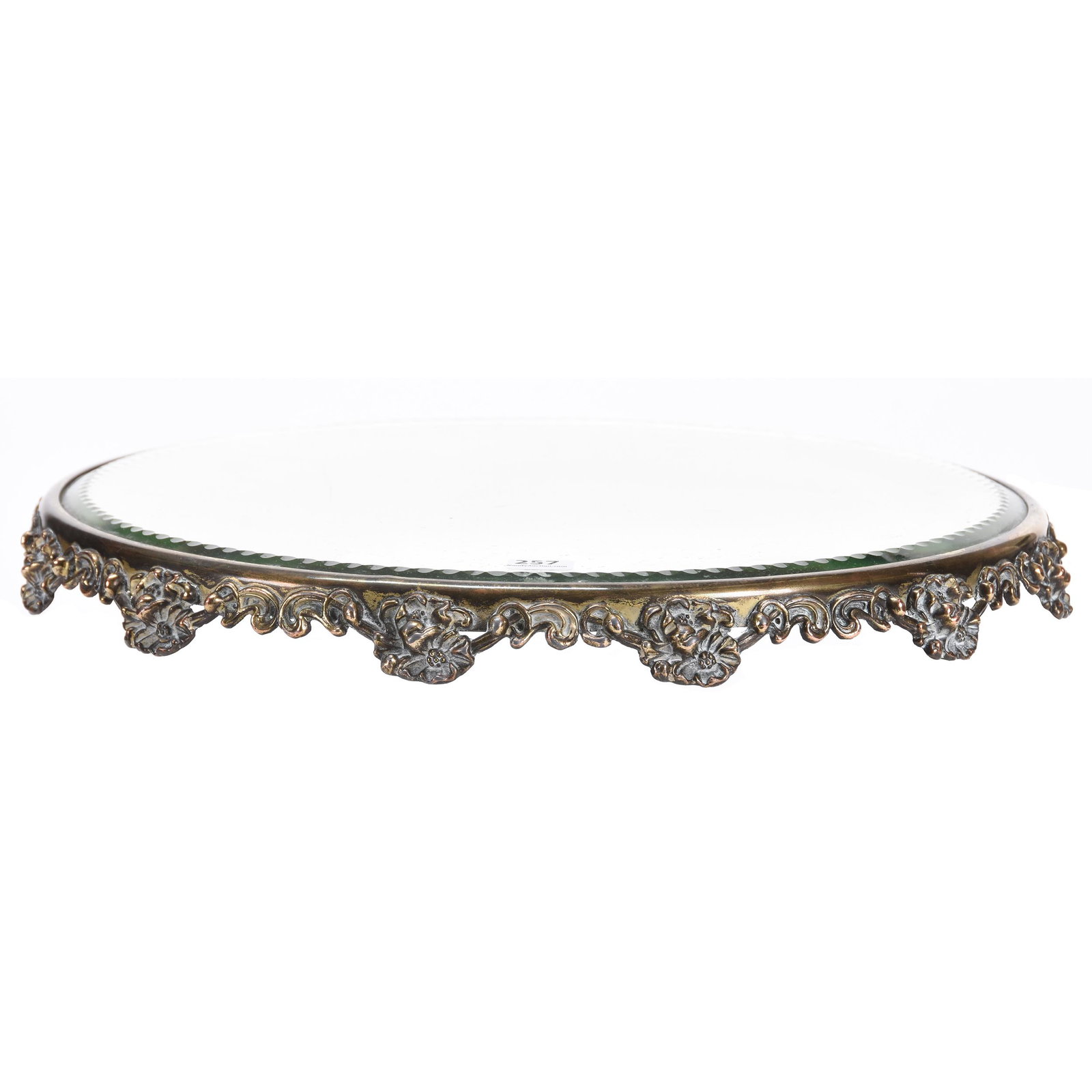 Round Beveled Mirror Plateau: Round Beveled Mirror Plateau; 14" Embossed Floral Silverplate Rim; Newland Collection, California