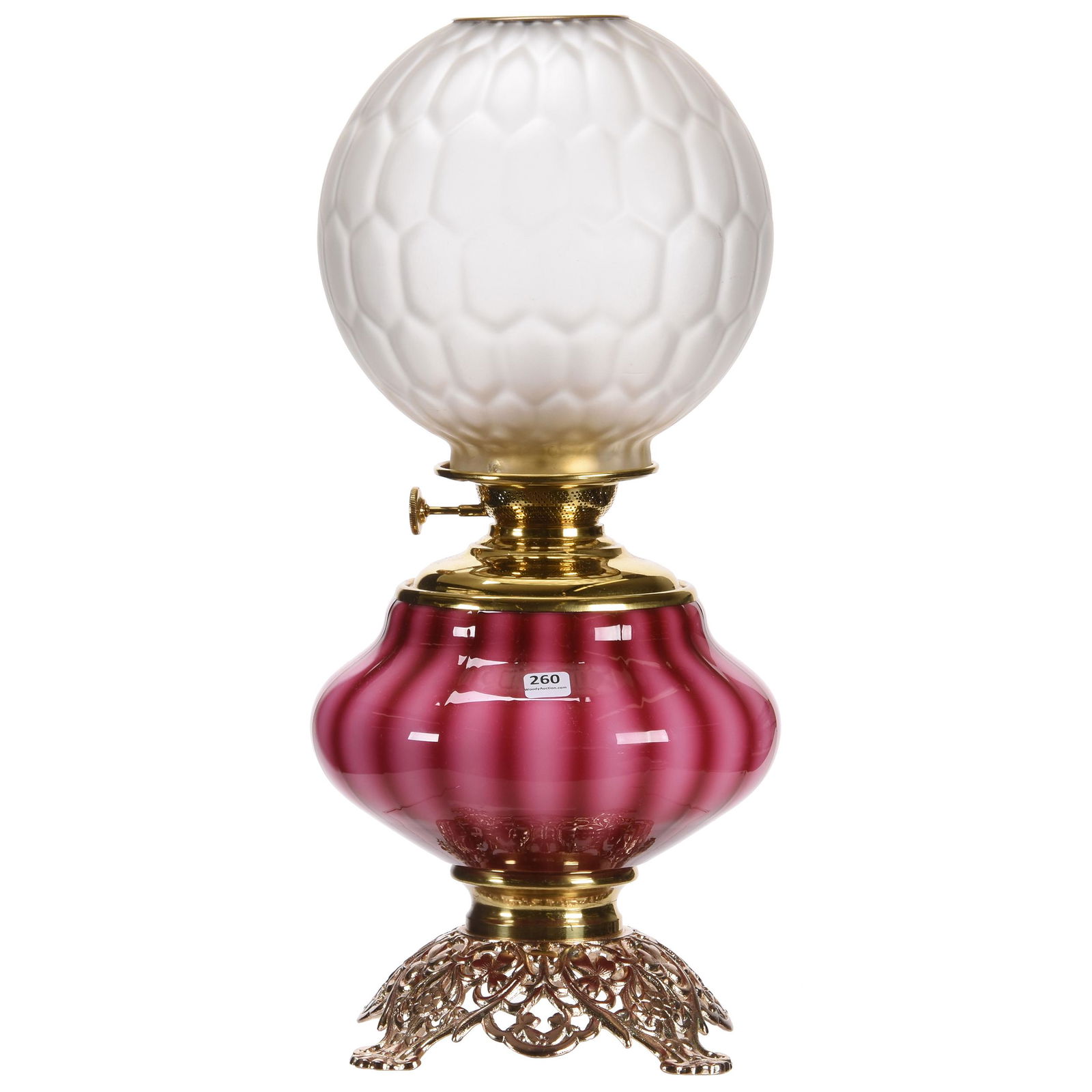 Gone with Wind Lamp, Plated Amberina Base: Gone with Wind Lamp, Plated Amberina Base; 20.5" One of The Rarest Lamp Bases Available, Exceptional Color, Selling with Replacement Frosted Honeycomb Shade; Hales Collection, Florida