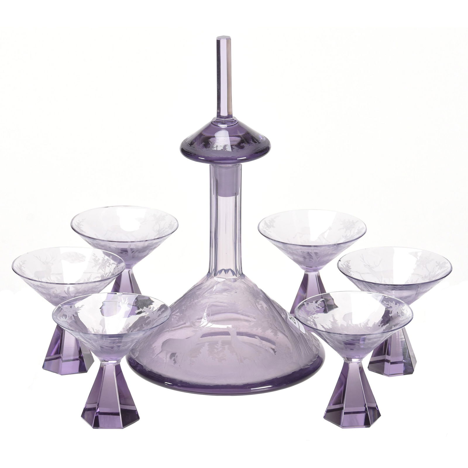 Art Deco Cordial Set: Art Deco Cordial Set; 9.5" 3" Solid Amethyst, Attributed to Moser, Finely Engraved Stag and Forest Scenic Decor, Pattern Engraved Stopper, (6) Matching Art Deco Cordial Stems, Some Rim Nicks on The Co