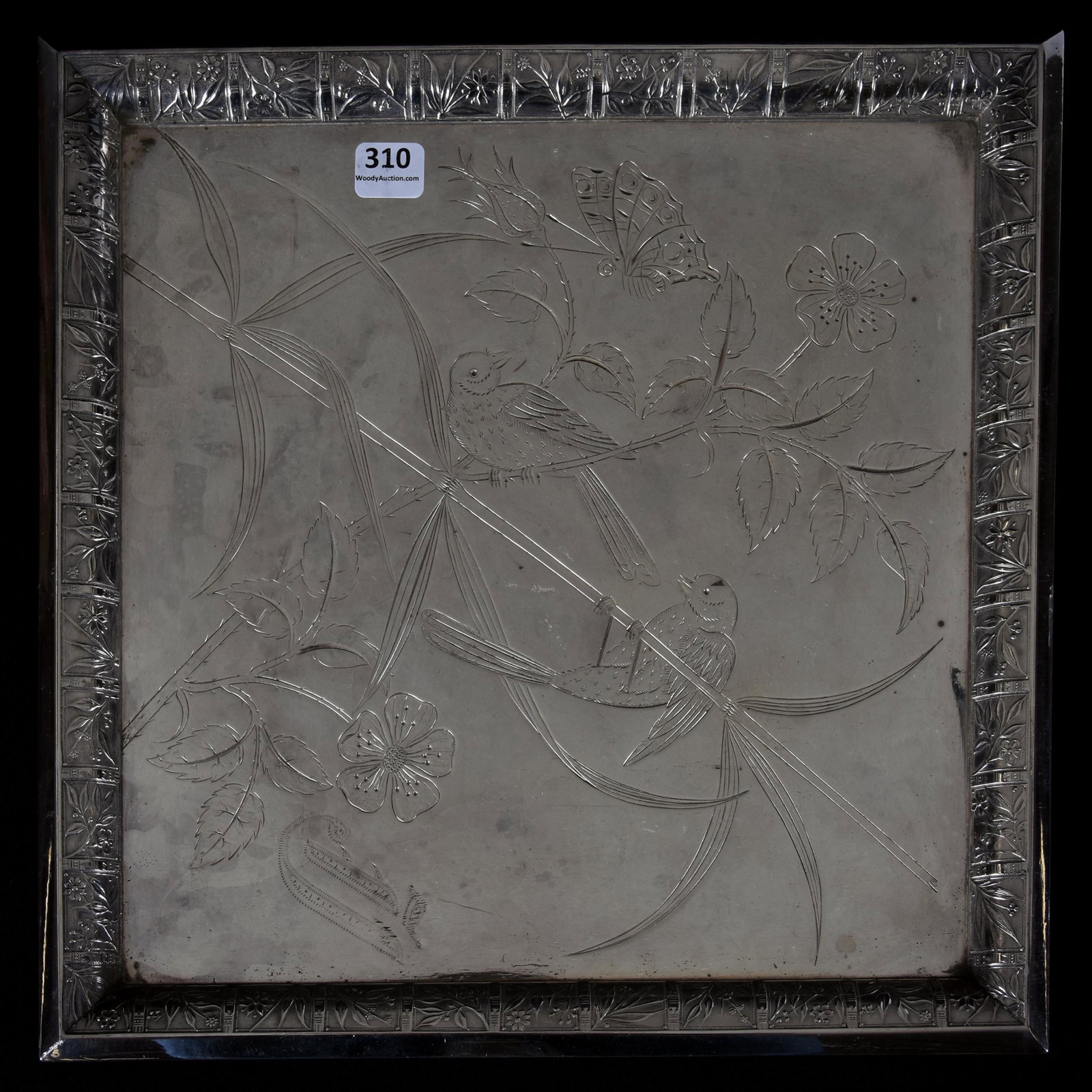 Square Silverplate Tray Marked Pairpoint #1102: Square Silverplate Tray Marked Pairpoint #1102; 13" Engraved Bird, Branch, Blossom and Butterfly Design; Campbell Collection, Missouri