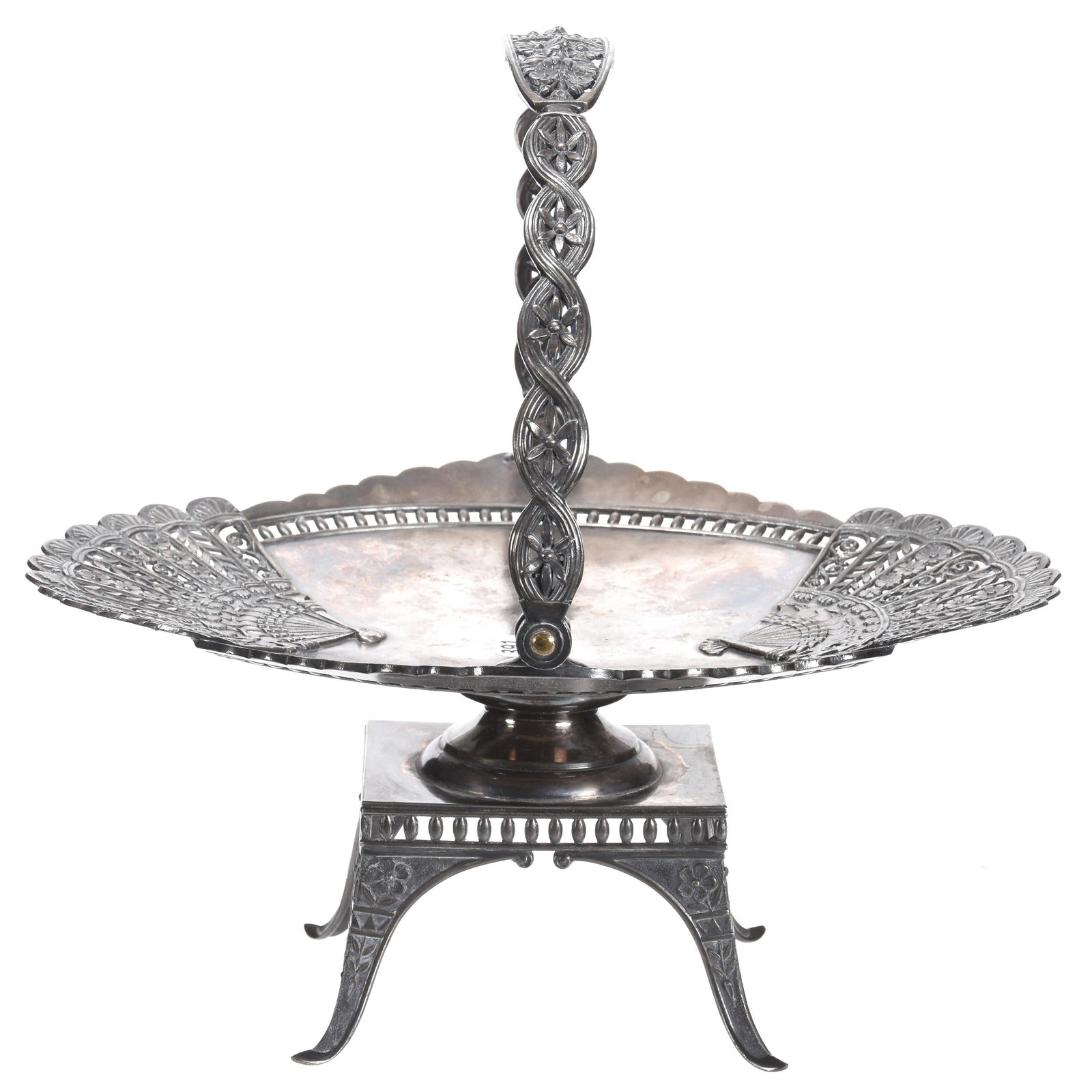 Victorian Silverplate Trophy Basket: Victorian Silverplate Trophy Basket; 6" x 11.5" Marked Pairpoint #1331, Footed with Elaborate Swivel Handle and Paddle Fan Highlights, Engraved "Special Premium at The Maury Co. Fair 1894 For The Best