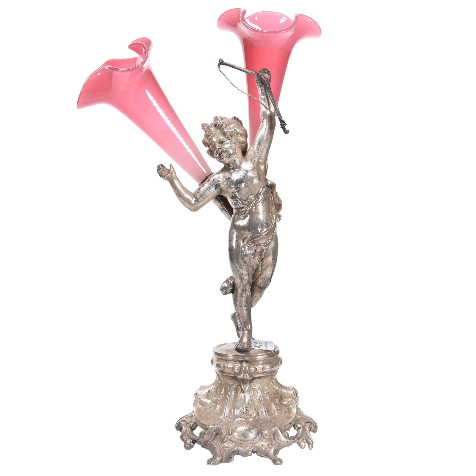 Figural Double Vase Holder: Figural Double Vase Holder; 13.5" Full Figure Silverplate Cherub Holding Bow with Two Quivers on His Back That Are Actually Steuben Rosaline Art Glass Trumpet Vases, Unknown Maker of Silverplate, Smal