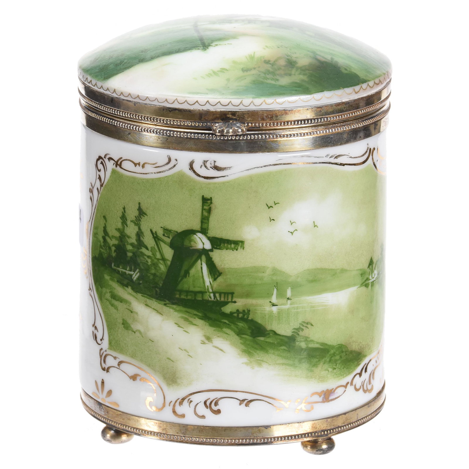 Humidor Marked Pairpoint #2769: Humidor Marked Pairpoint #2769; 7" White and Green with Mill and Cottage Scene Decor, Nice Gold Stencil Highlights; Newland Collection, California