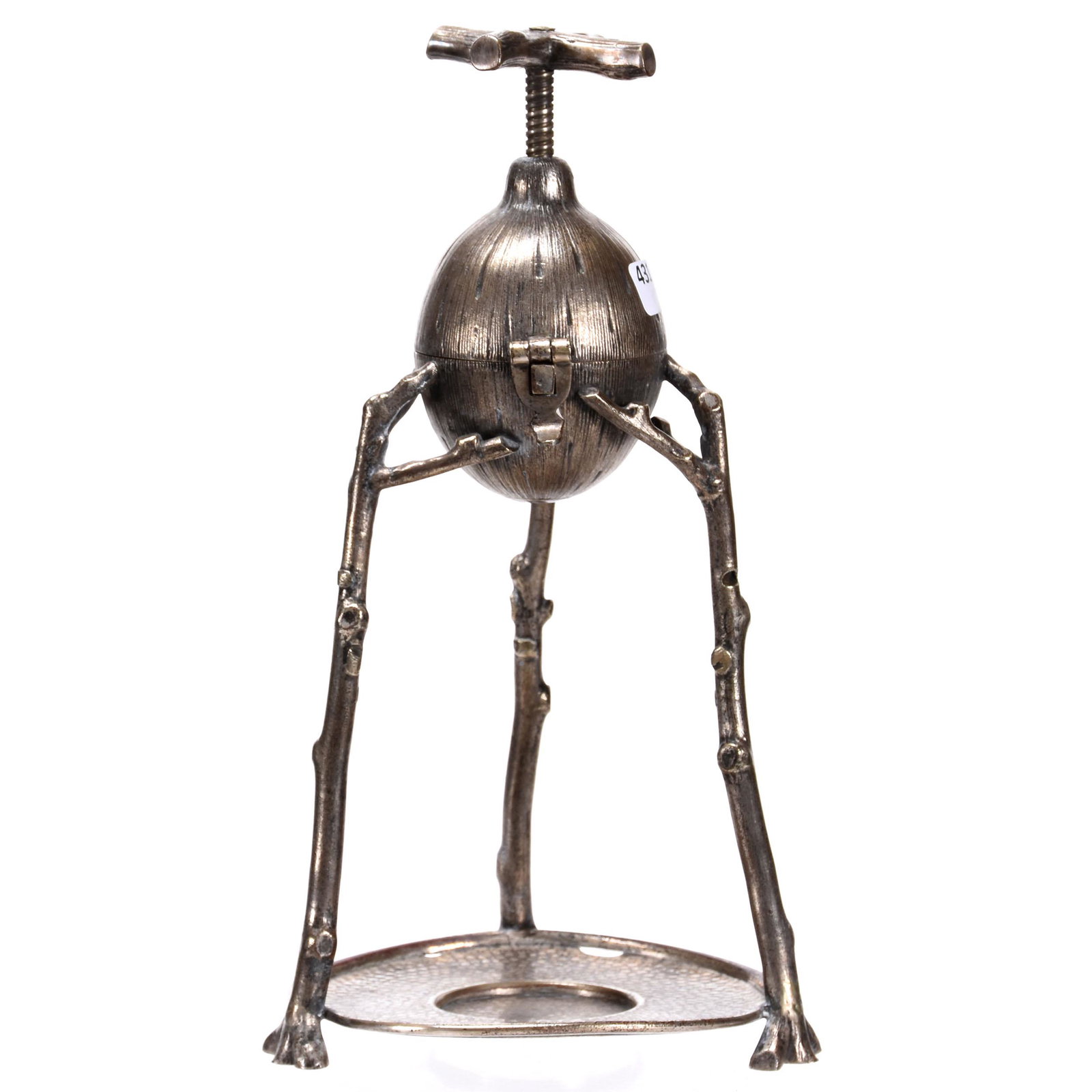 Victorian Figural Silverplate Lemon Press: Victorian Figural Silverplate Lemon Press; 11.5" Sibray & Hall (1878-1918), Full Figure Hinged Lemon Atop Figural Branches with Center Press, Fully Functional, Nice Quality; Private Collection.