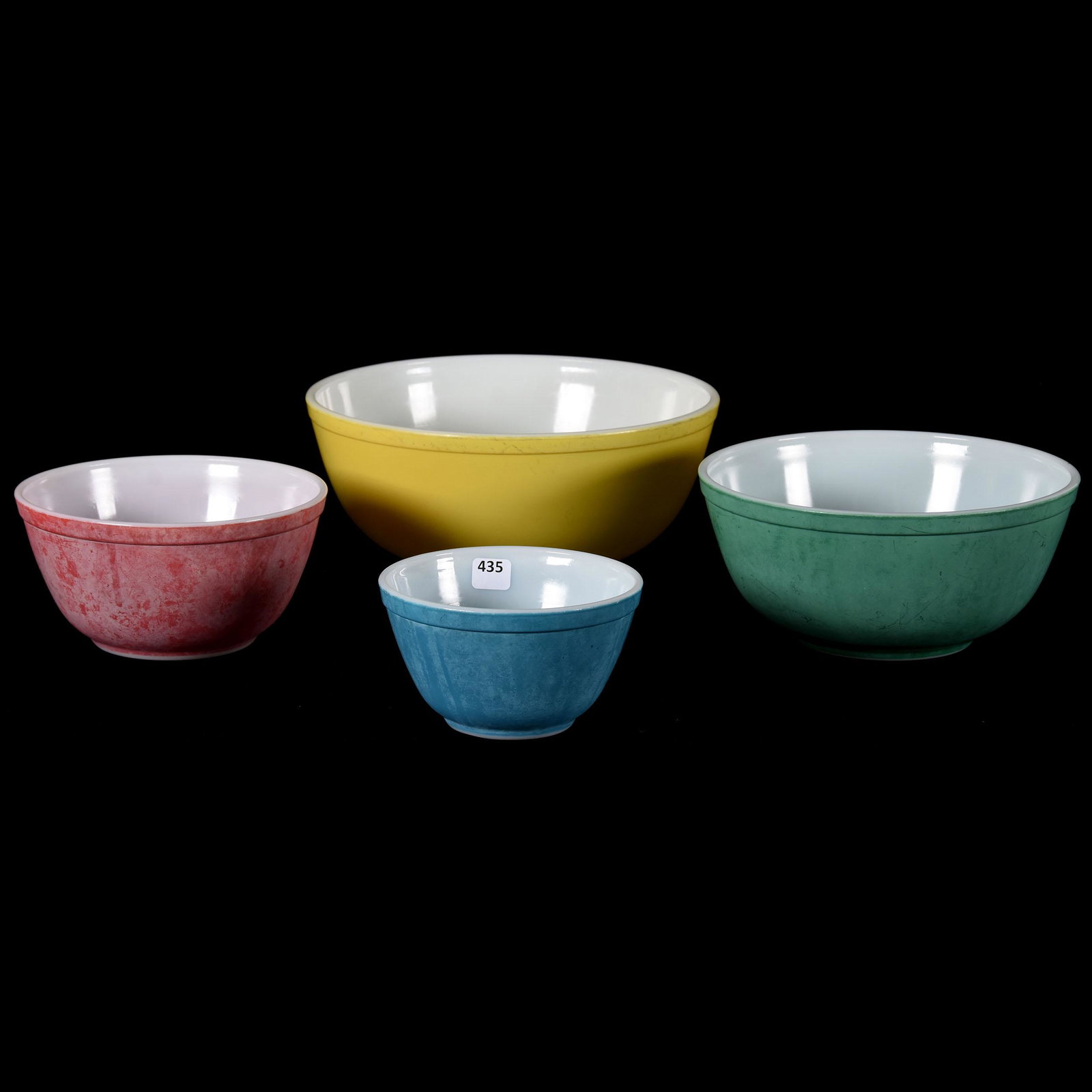 Set of Stackable Mixing Bowls, Pyrex: Set of Stackable Mixing Bowls, Pyrex; (4) Bowls Ranging From 10.5" 8.5, 7, 5.75" Yellow, Green, Pink, and Blue; Campbell Collection, Missouri