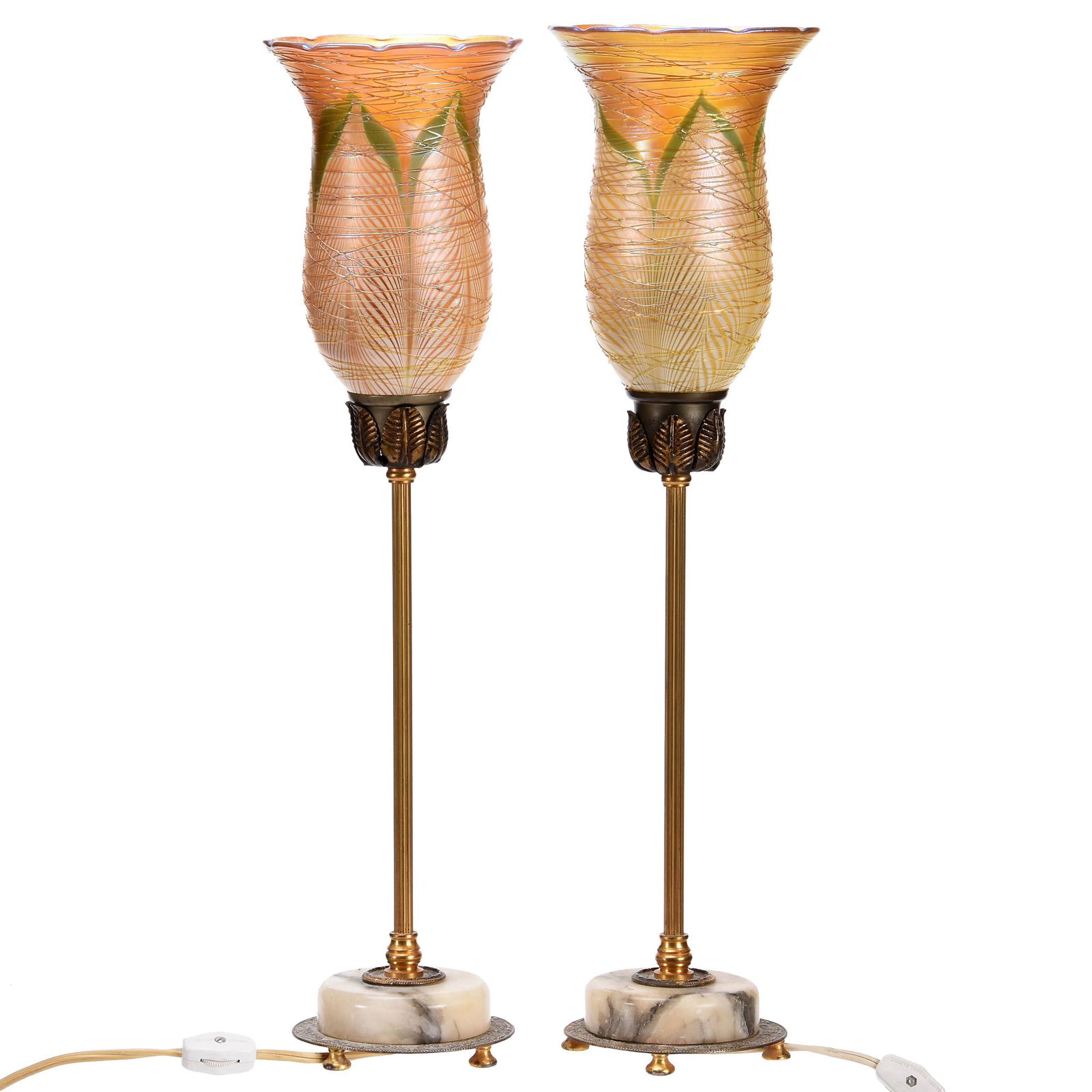 Torche Lamps, Electrified - Unmarked Quezal Shades: Torche Lamps, Electrified - Unmarked Quezal Shades; 19" Quezal Pulled Leaf Iridescent Shades, Threaded Overlay Set on B.S. & Co. 22K Gold Plated Bases, White Onyx (Gold Plating Wear on Top of Base); C