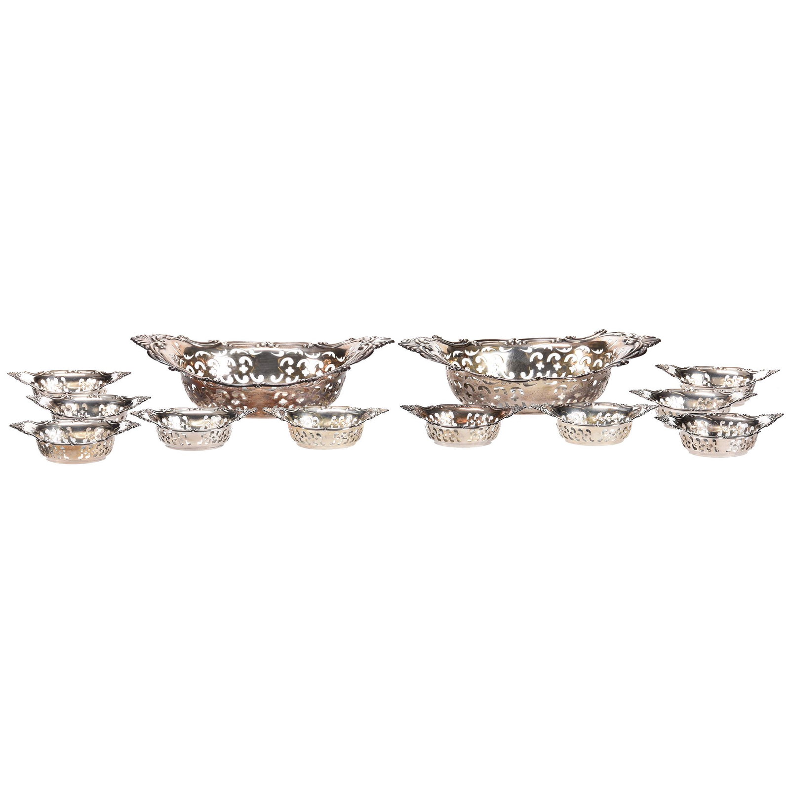 (12) Piece Sterling Nut Set: (12) Piece Sterling Nut Set; N/A; Made by Gorham, Features (2) 8.25" Oval Master Bowls #A1998 and (10) 3.75" Individuals #A4780, 480 Grams Total Weight; Campbell Collection, Missouri