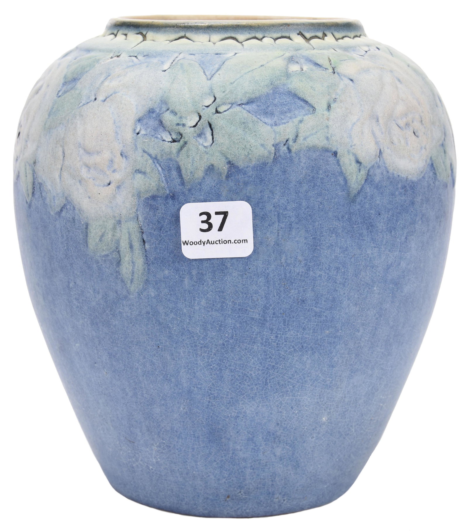 Newcomb Art Pottery Vase: Newcomb Art Pottery Vase; 6.5" X 6" Artist Marked, #100-SS9, Blue Matte Finish with White Rose Decor, Tiny Surface Nick on Rim; Balliet Collection, Mississippi