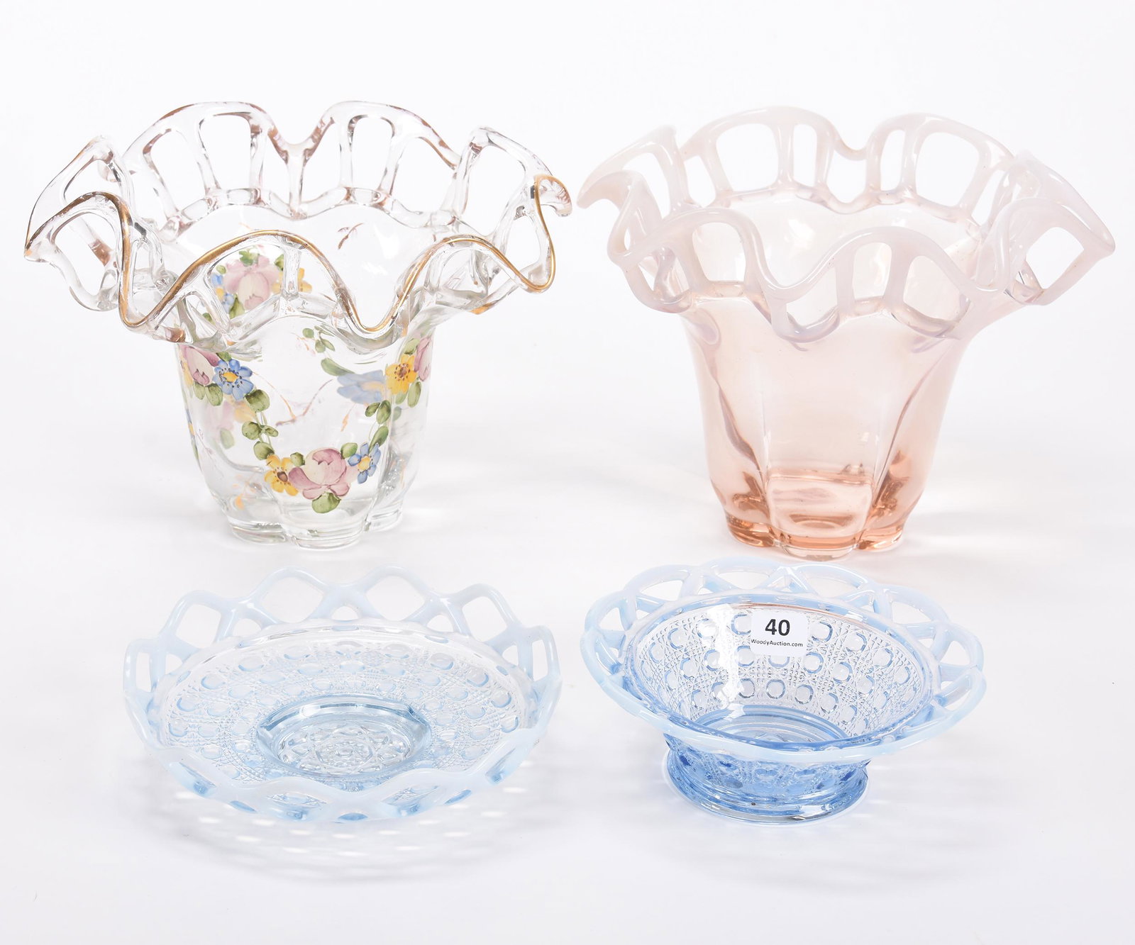 (4) Art Glass Items, Lace Edge: (4) Art Glass Items, Lace Edge; (1) 6.75" X 9" Canterbury Vase from Duncan & Miller, Pink Opalescent, (1) 6.75" X 9" Canterbury Vase from Duncan & Miller, Clear with Enamel Decor, (1) 6.5" Imperial Di