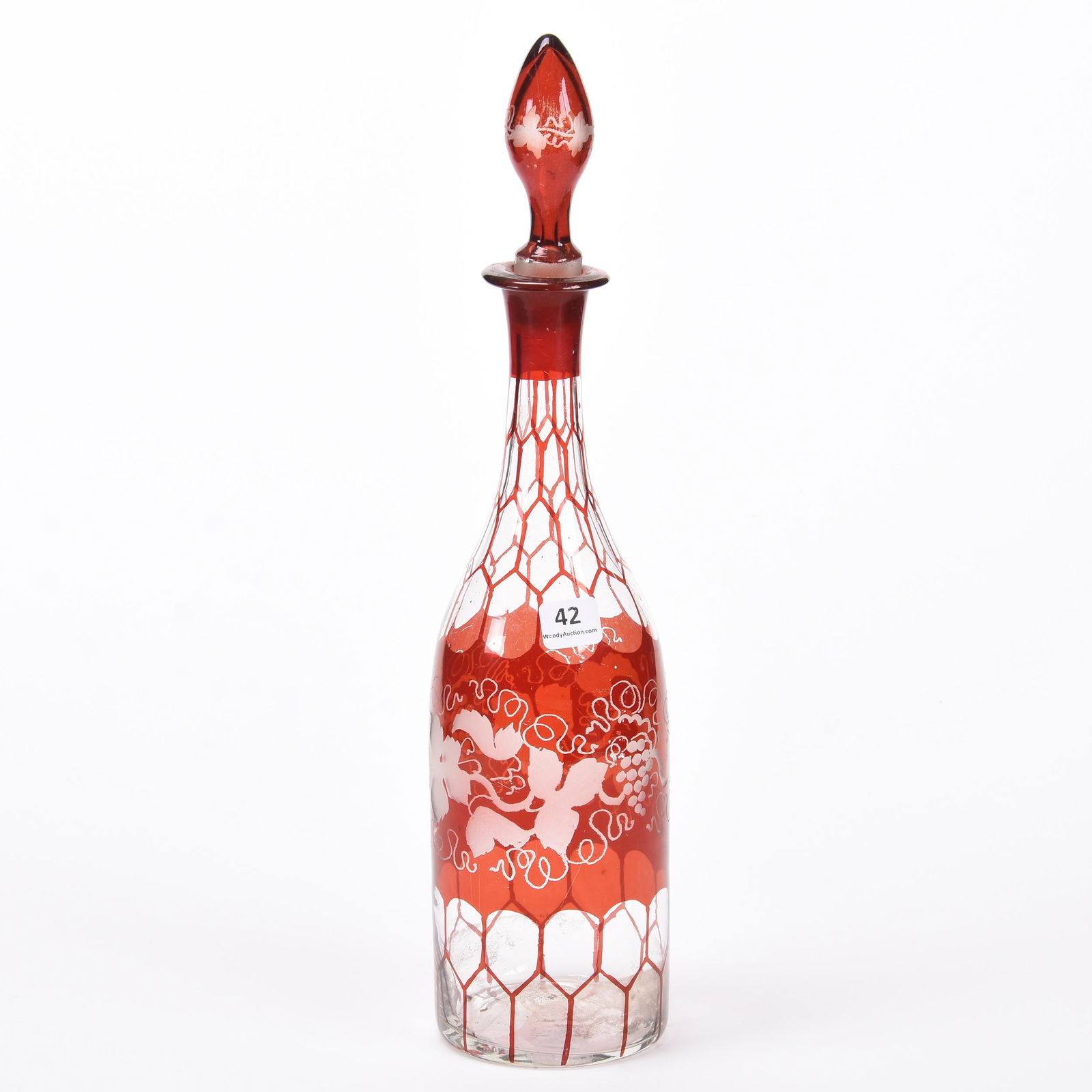 Decanter, Bohemian Ruby Flash: Decanter, Bohemian Ruby Flash; 14.75" Engraved Vintage Motif, Stopper Sits High in Bottle; Balliet Collection, Mississippi