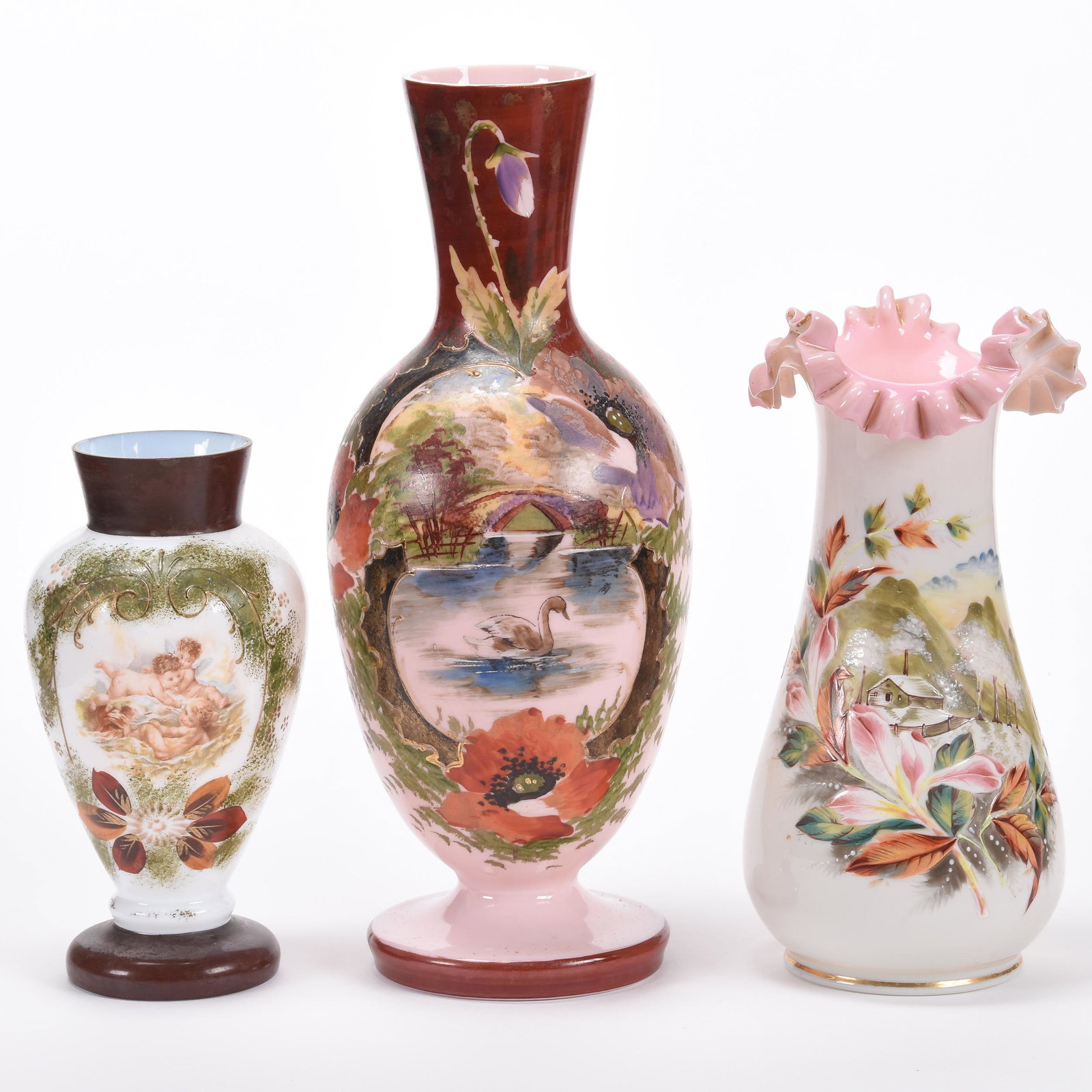 (3) Bristol Art Glass Vases: (3) Bristol Art Glass Vases; 14.5" 11" 8.75" (1) 14.5" Pink with Swan Decor, (1) 11" White with Pink Interior, Cottage Decor, (1) 8.75" White with Brown Border, Cherub Decor, Two Minor Rim Chips; Ball