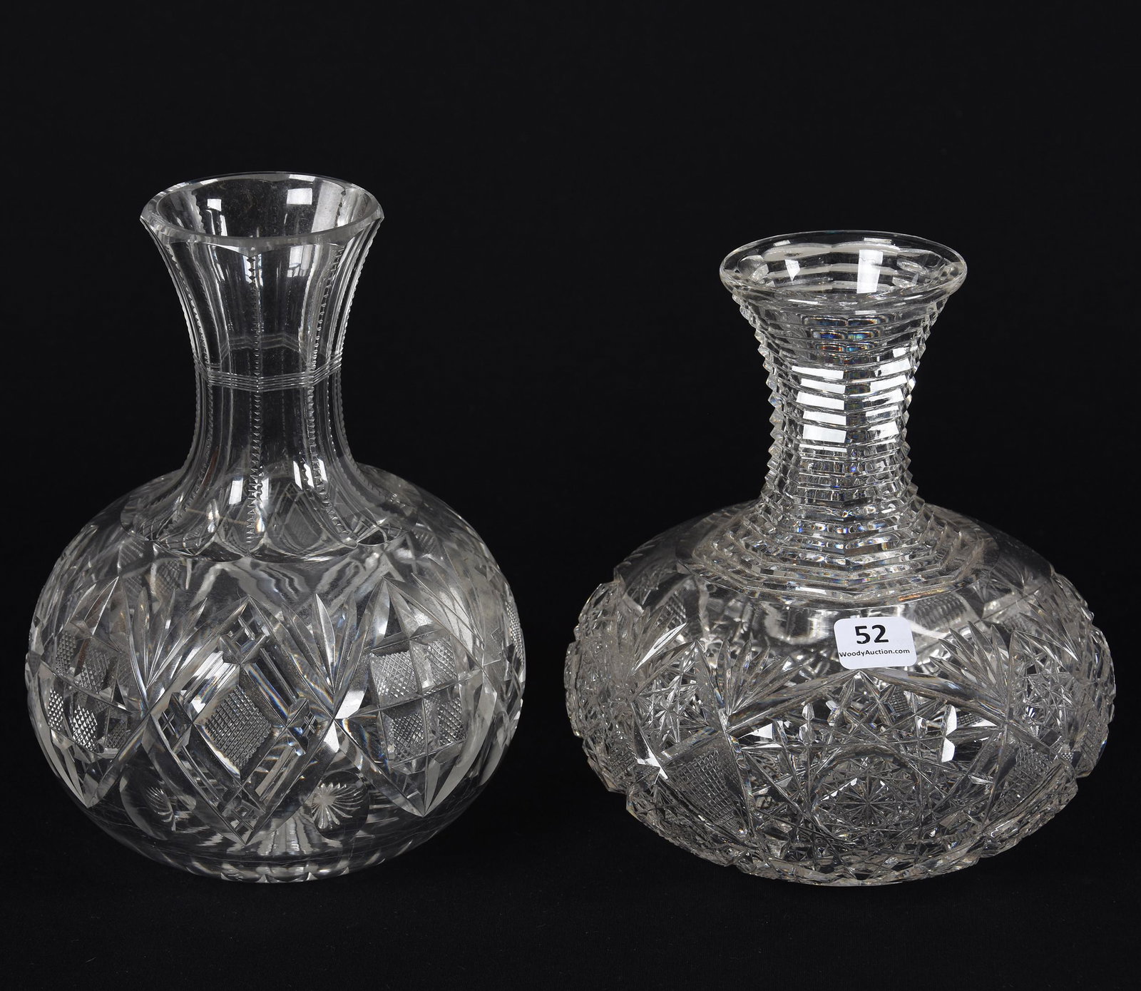 (2) Water Carafes, American Brilliant Cut Glass: (2) Water Carafes, American Brilliant Cut Glass; 8" 7.25" (1) Hobstar, Strawberry Diamond, Star & Fan Motif, Step Cut Neck, Hobstar Base; (1) Strawberry Diamond, Block, Punty & Fan Motif, Ray Base; Ba