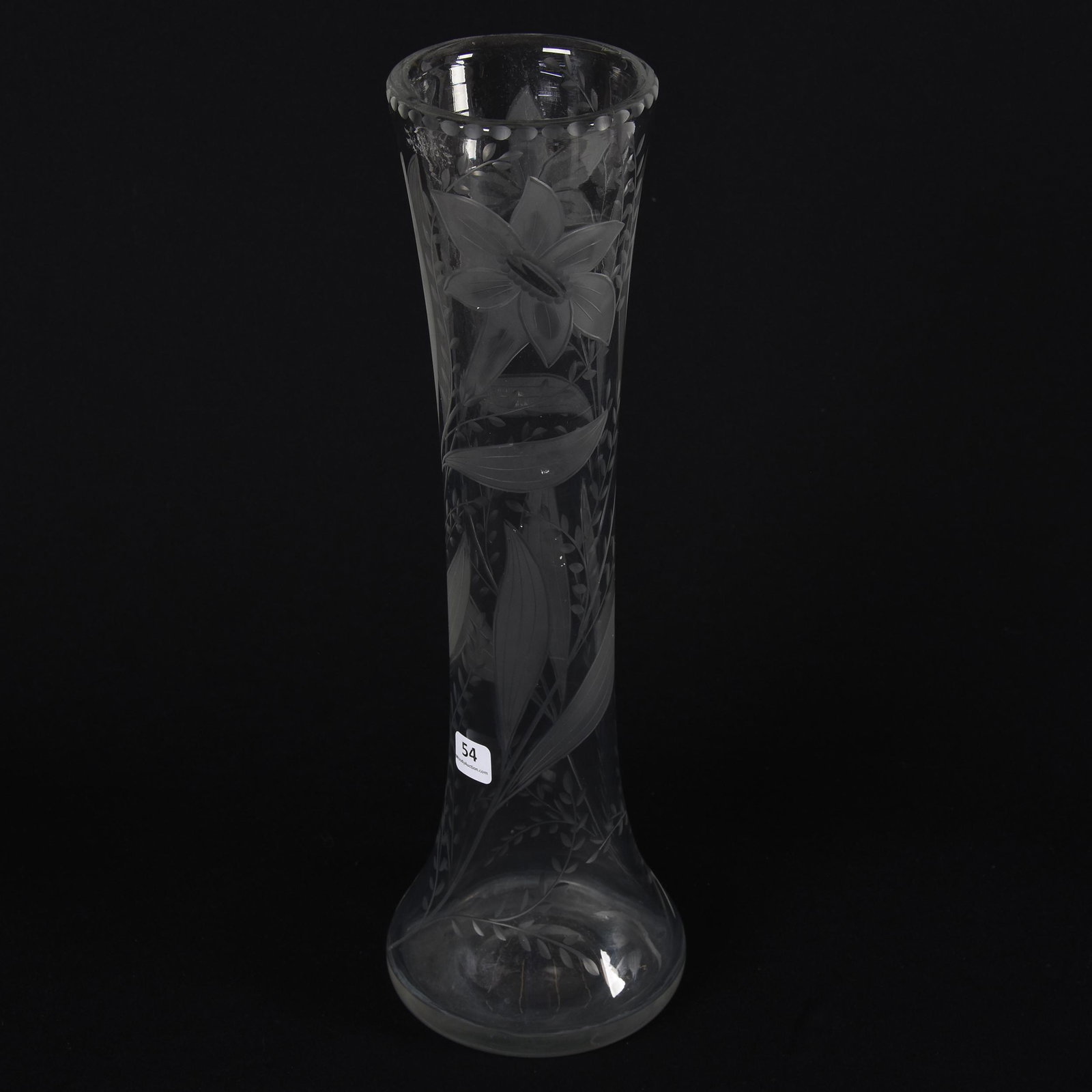 Vase, American Brilliant Cut Glass: Vase, American Brilliant Cut Glass; 16" Quality Etched Vase with Daylily Decor, Polished Pontil Base; Private Collection, Missouri