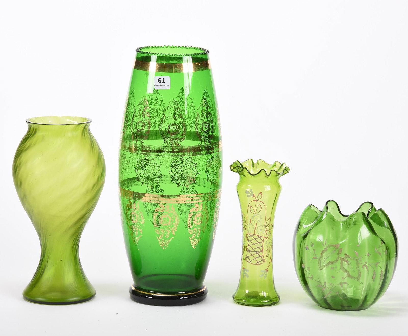 (4) Vases, Green Art Glass: (4) Vases, Green Art Glass; Includes: (1) 13.5" with Gold Stencil Highlights; (1) 9.75" Loetz Style; (1) 7.5" with Enamel Floral Basket Decor; 5.5" Rose Bowl with Enamel Floral Decor; Balliet Collecti