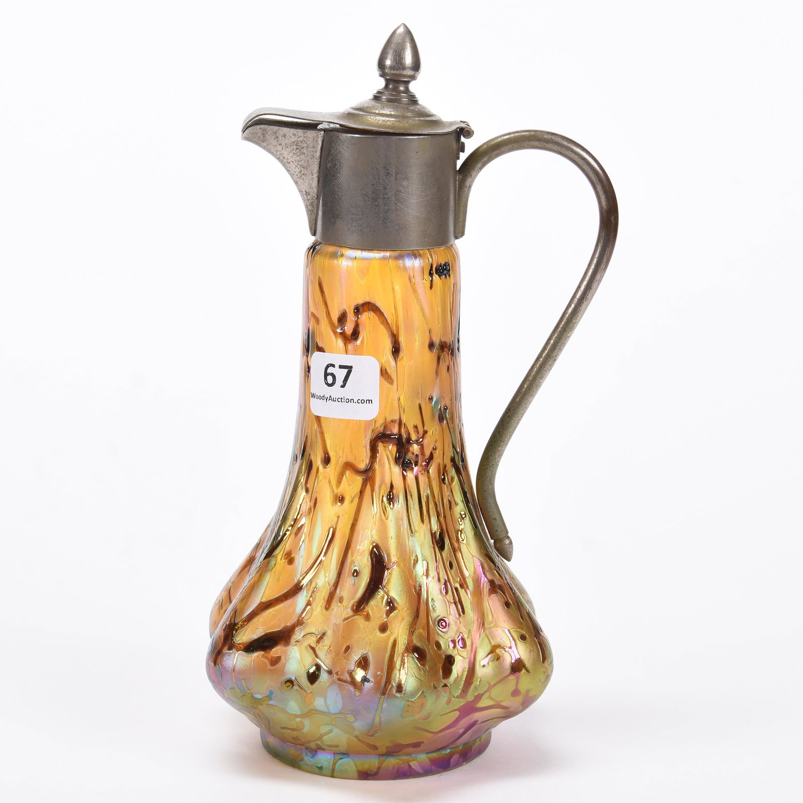 Claret Pitcher, Art Glass, Loetz Style: Claret Pitcher, Art Glass, Loetz Style; 8" Iridescent Gold with Speckled Highlights - Silverplate Spout & Handle; Balliet Collection, Mississippi