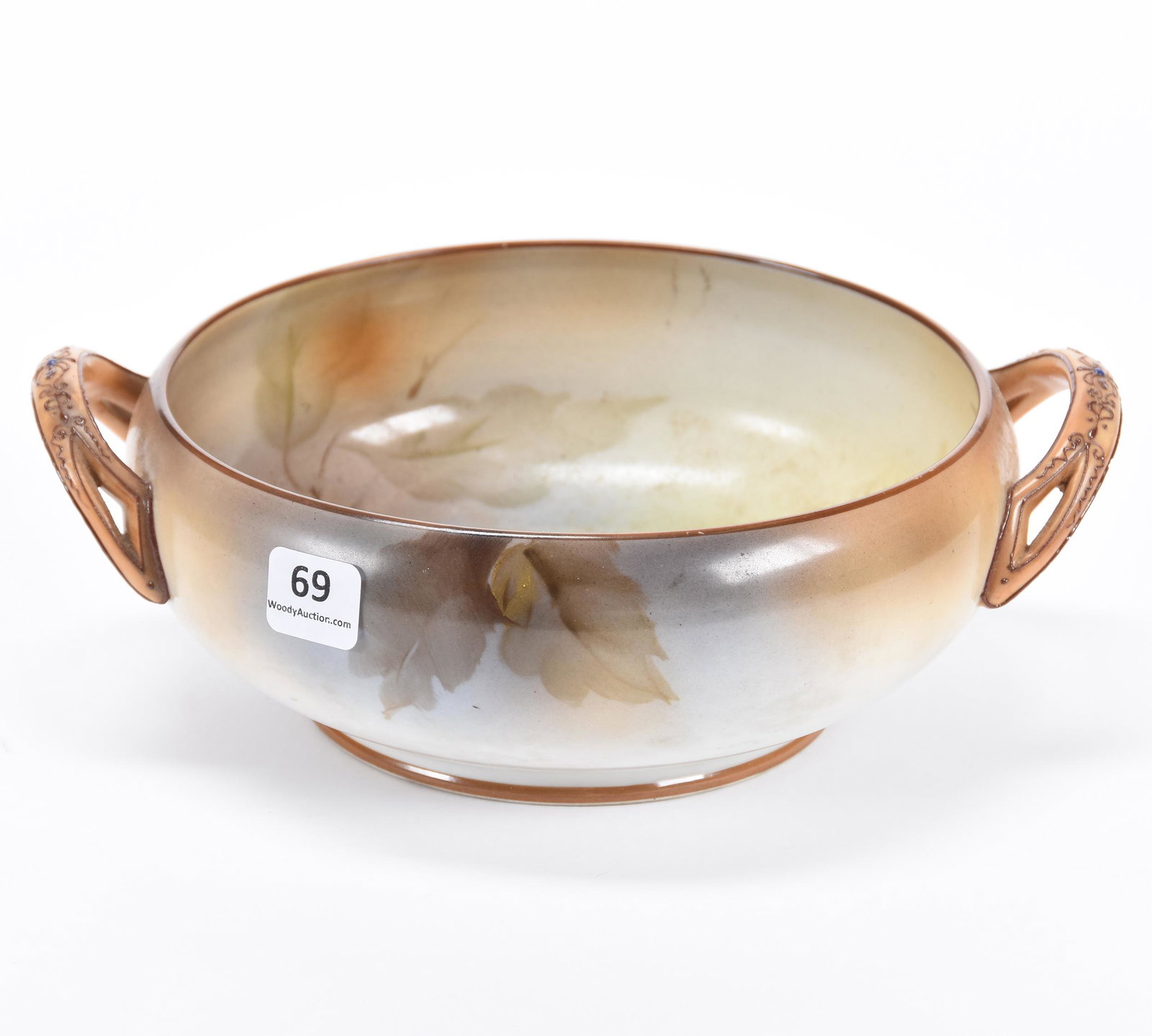 Two-Handled Bowl, Noritake Blown Mold: Two-Handled Bowl, Noritake Blown Mold; 3" X 8.75" Brown Tones, Blown "Nut" Design; Balliet Collection, Mississippi