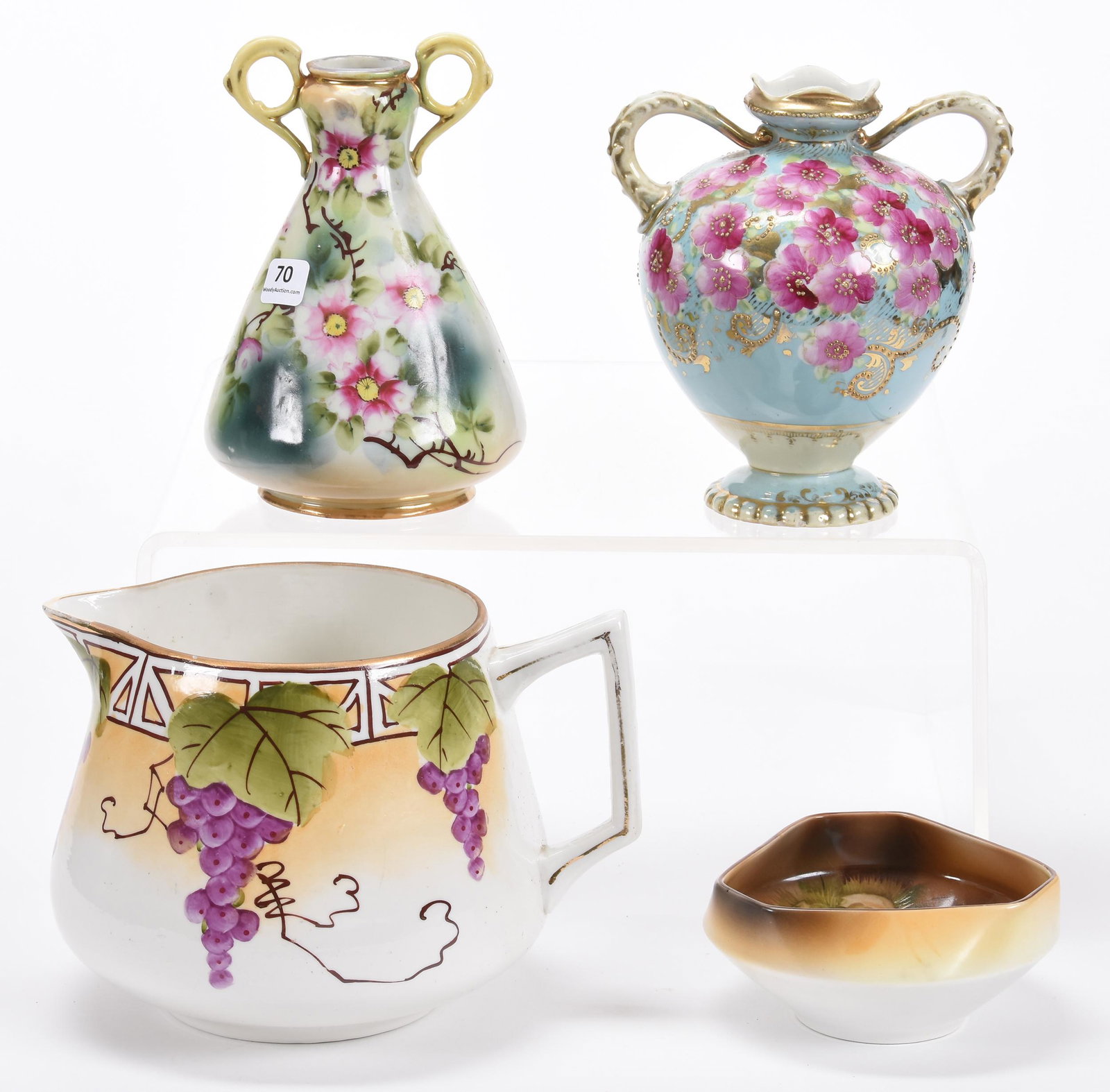(4) Nippon Style Items, Floral Decor: (4) Nippon Style Items, Floral Decor; 7" 6.5" (1) 7" Unmarked Two-Handled Vase; (1) 6.5" Marked Nippon Two-Handled Vase; (1) 6" Marked Nippon Cider Pitcher; (1) 5" Marked Noritake Tri-Corner Bowl; Bal