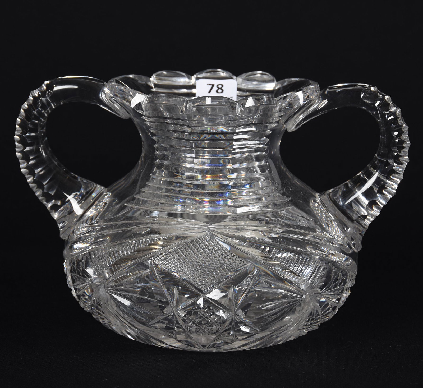 Flower Center, American Brilliant Cut Glass: Flower Center, American Brilliant Cut Glass; 5.25" X 8.25" Two-Handled, Cane, Strawberry Diamond, Prism, Zipper, and Fan Motif, Step cut Neck, Ray Cut Base, Triple Notched Handles; Private Collection,
