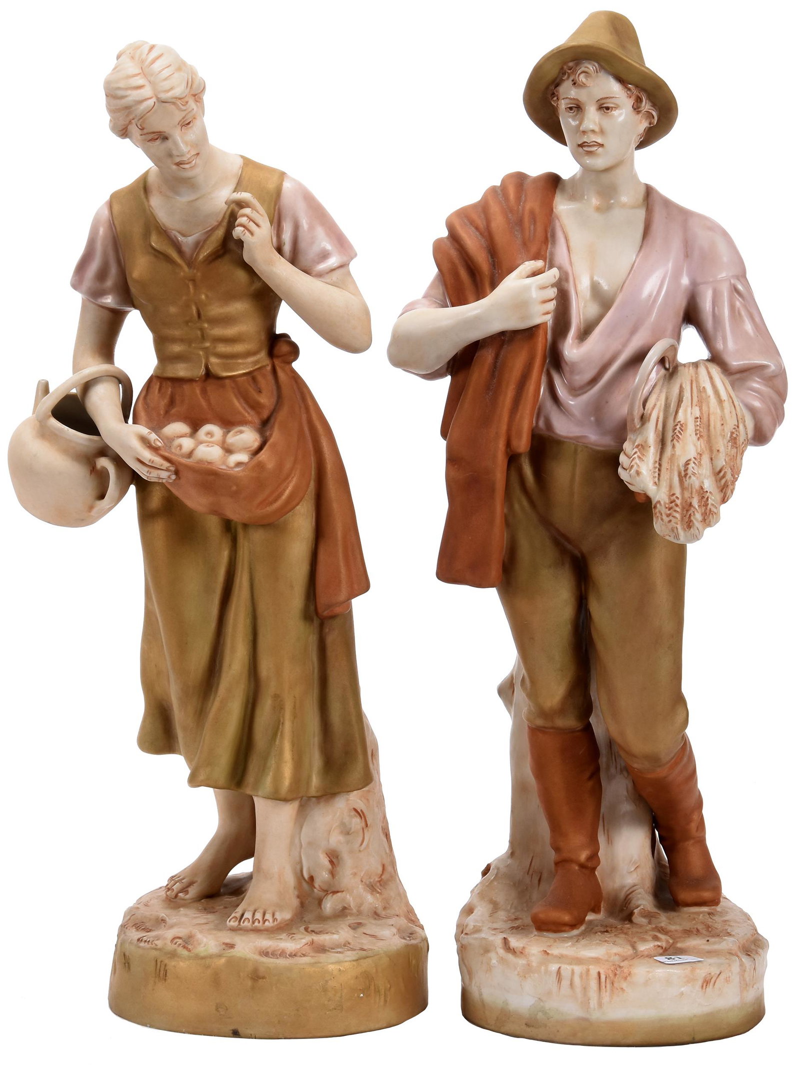 Royal Dux Figurines: Royal Dux Figurines; 20.5" (1) Man Scything Wheat #2445, Pink Triangle Mark, (1) Woman Carrying Apron with Fruit, Stamp Mark, #2446; Balliet Collection, Mississippi
