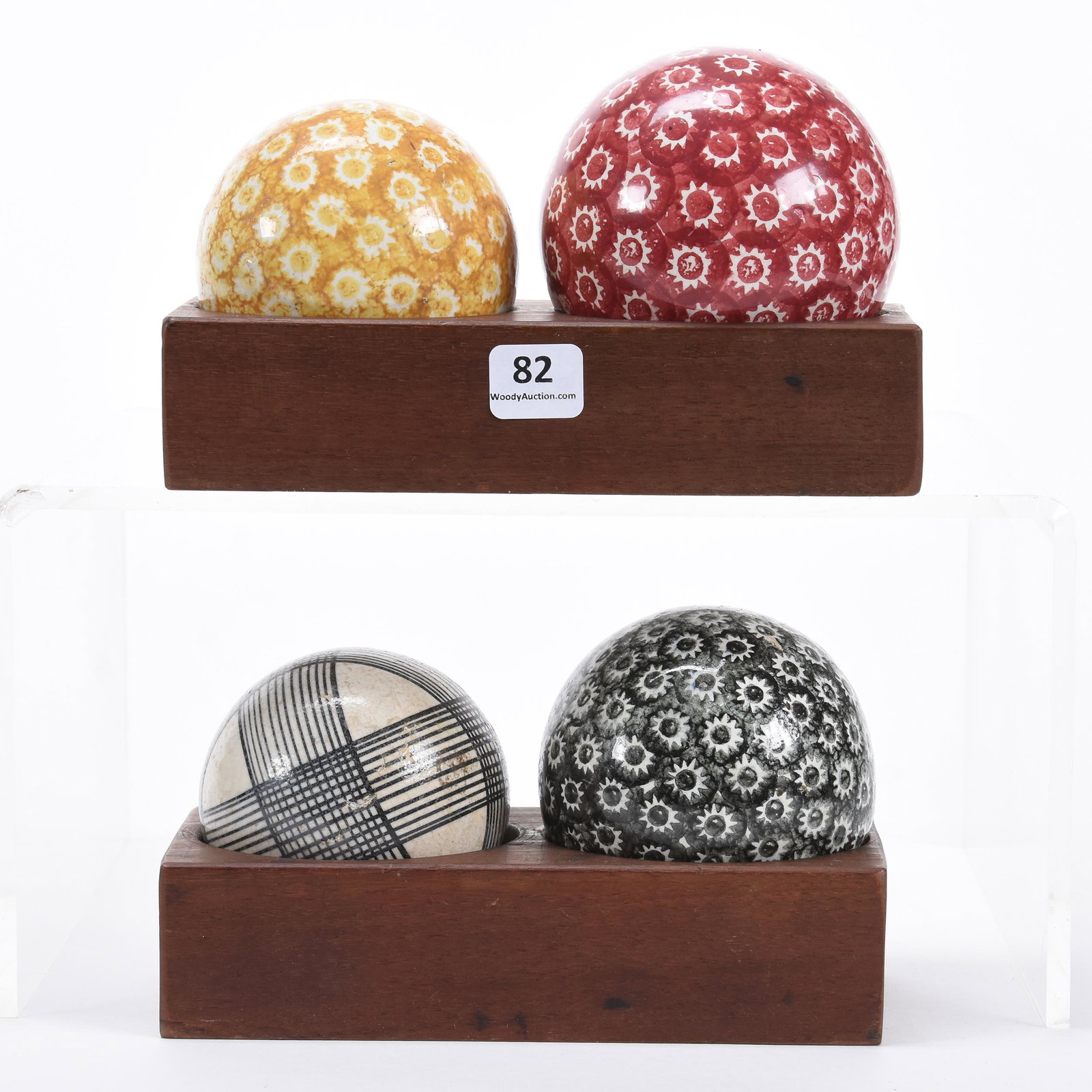 Porcelain Hand sponged Spheres: Porcelain Hand sponged Spheres; 3.5" 3" 3.5" and 3" Diameter, Set in Wooden "Cradles" 3.5" Sphere Has Nick in Glaze; Balliet Collection, Mississippi