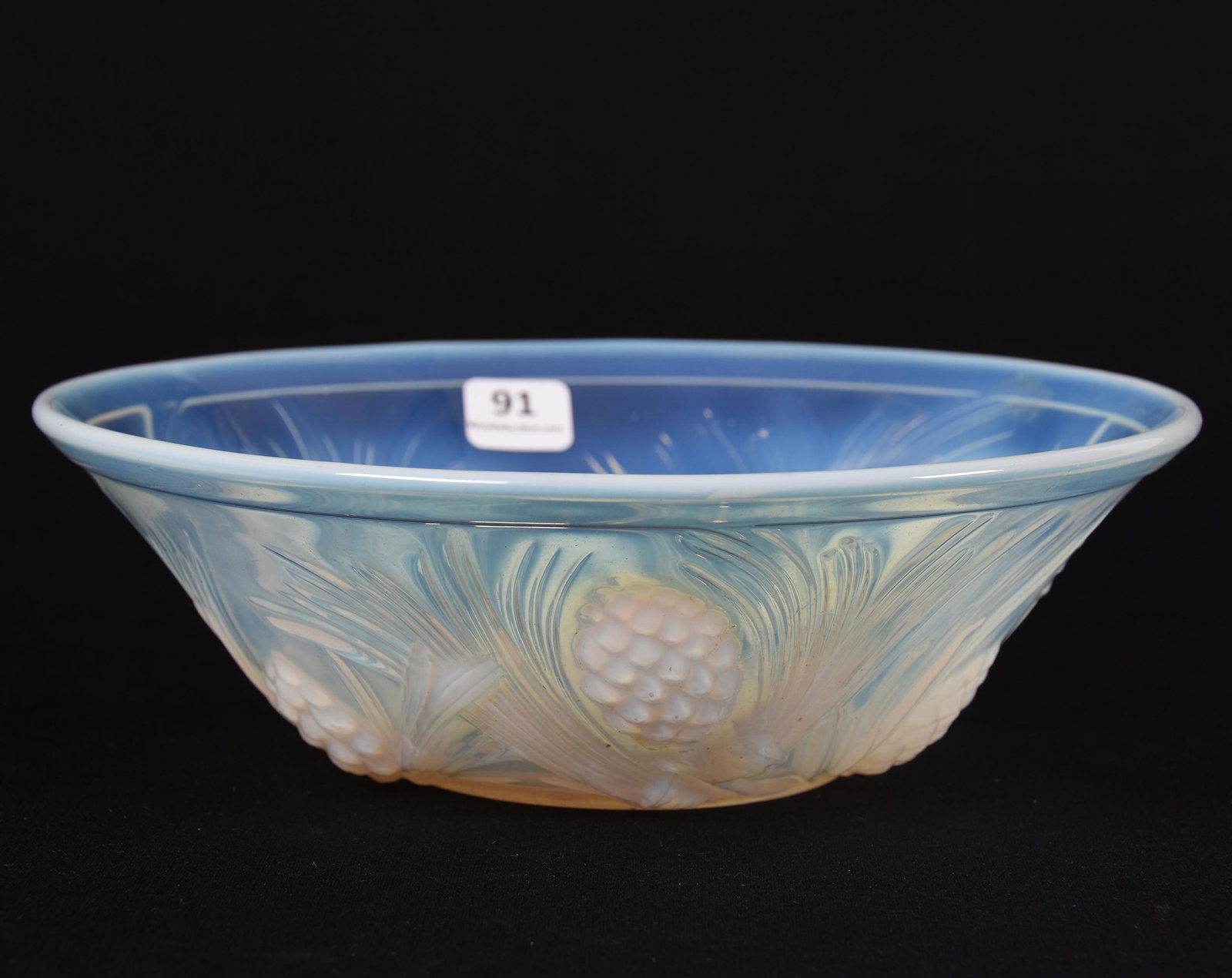 Bowl, White Opaque Art Glass: Bowl, White Opaque Art Glass; 2.5" X 8.25" Embossed Pinecones, Labeled "Patent Applied For" Sabino Quality; Balliet Collection, Mississippi