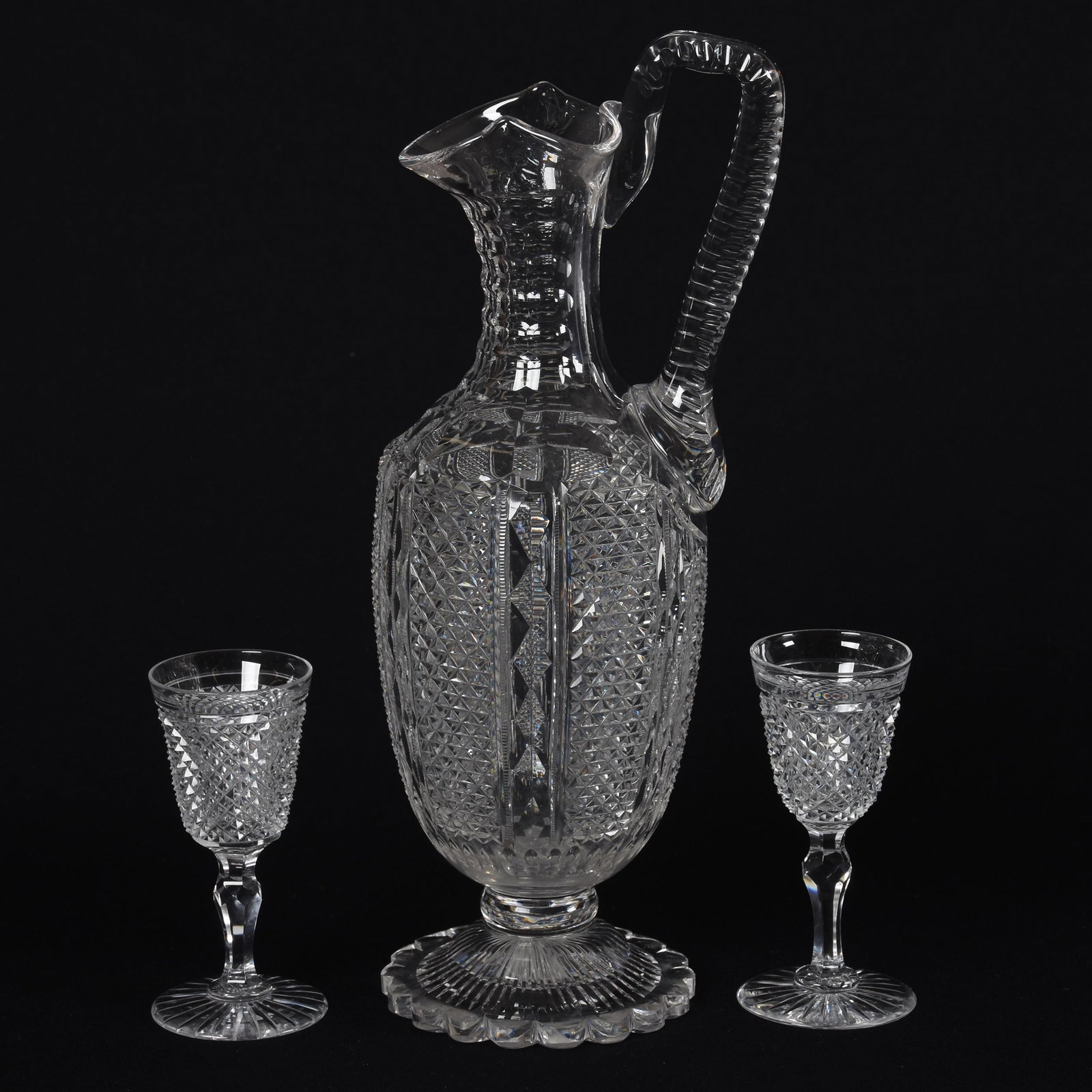 Ewer & (2) Wines, American Brilliant Cut Glass: Ewer & (2) Wines, American Brilliant Cut Glass; 13" 4.75" 13" Pedestal Ewer with Panels of Diamond Alternating with Mitre Cut Pillar, Scalloped Ray Cut Foot, Punty Cut Neck - (2) 4.75" Wine Stems, Dia
