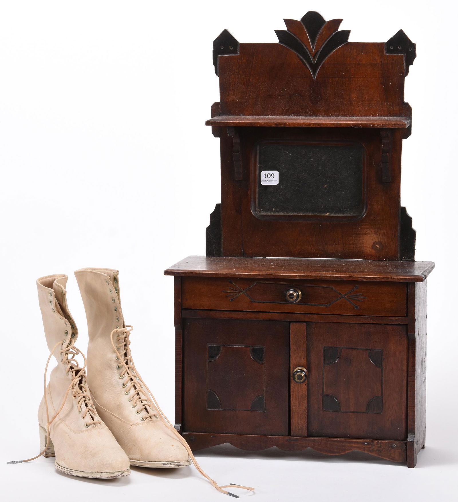 Doll Size Buffet & Pair Vintage Women's Shoes: Doll Size Buffet & Pair Vintage Women's Shoes; (1) 21.5" X 12.5" Buffet, Walnut with Ebony Highlights, Mirror Back, (1) Size 4.5" White Lace-Up Canvas Hightop Shoes, Model #3762; Balliet Collection, M