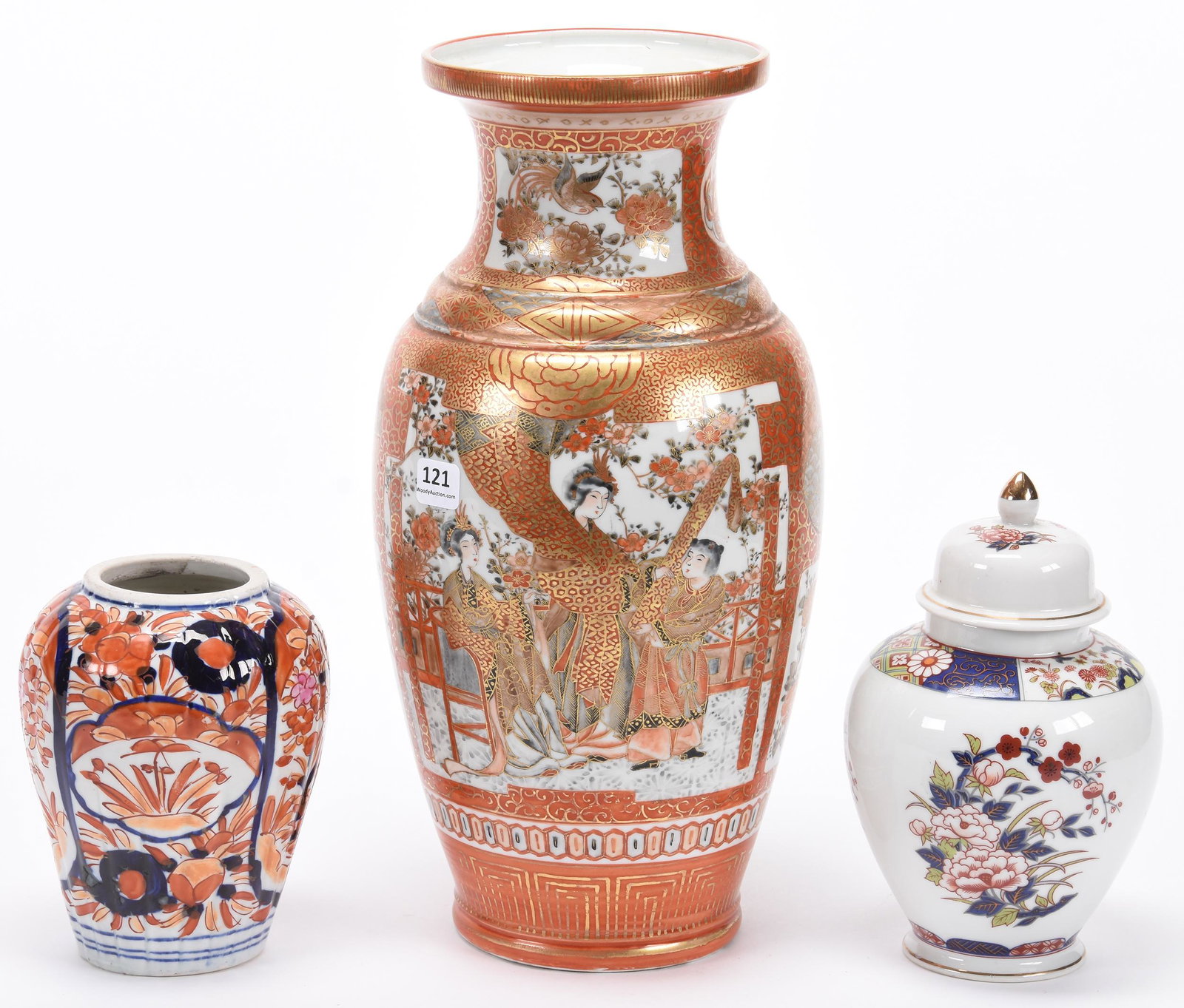 (3) Oriental Style Vases: (3) Oriental Style Vases; (1) 14" Classic Scene, Orange Tones, (1) 7.75" Covered Urn Marked "Imari Ware Japan" (1) 6" Vase with Stylized Floral Design; Balliet Collection, Mississippi. UPDATED 2-13-20