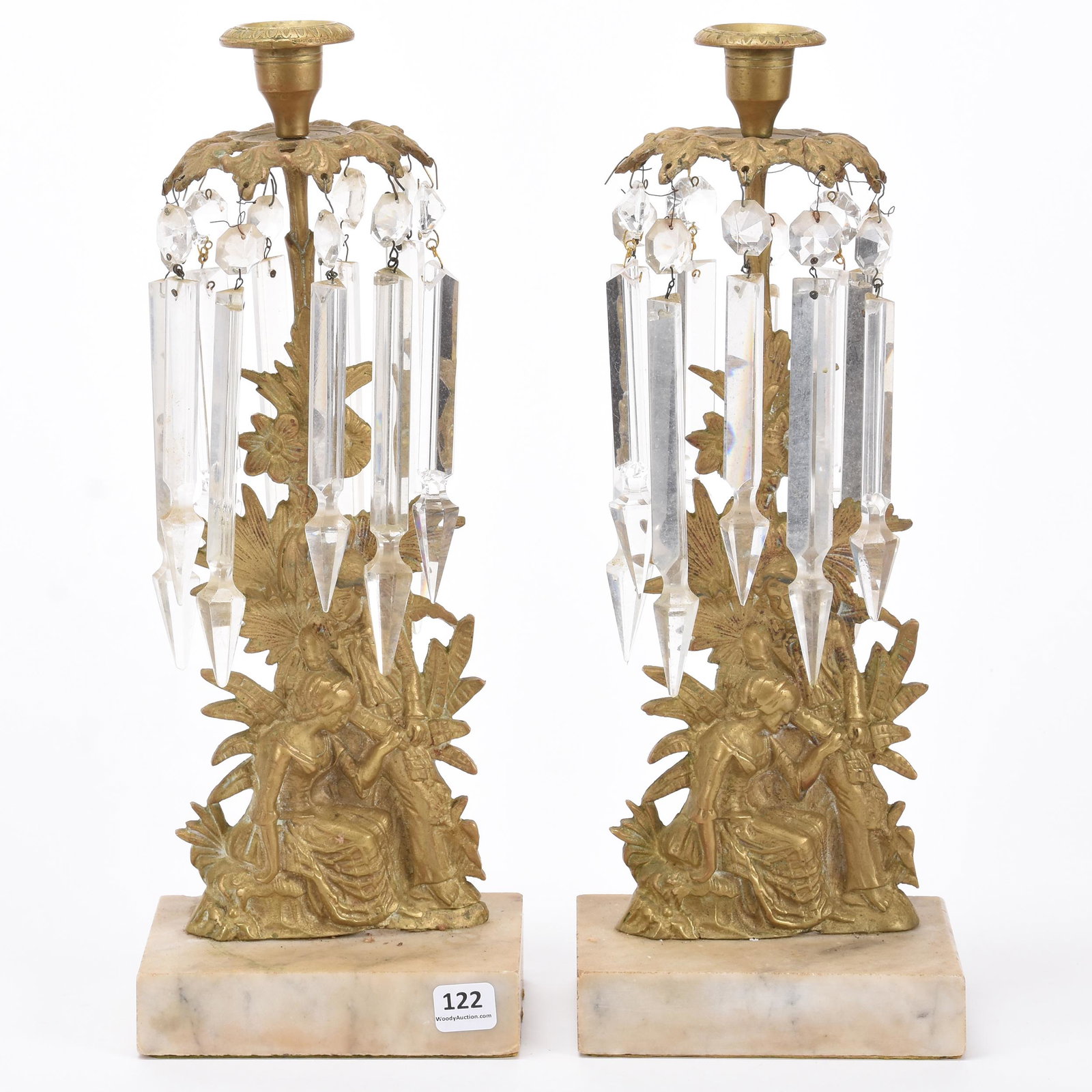 Pair Girandole Brass & Marble Holders with Prisms: Pair Girandole Brass & Marble Holders with Prisms; 14.5" Embossed Man and Woman Design on Base; Balliet Collection, Mississippi