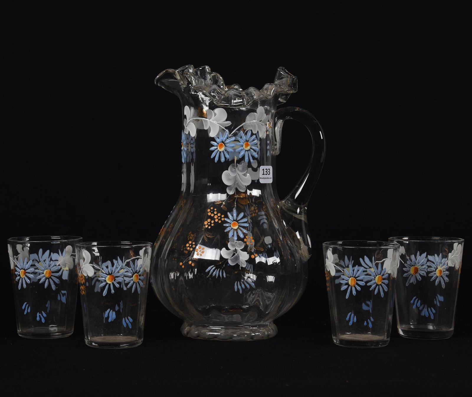 Water Set, Art Glass: Water Set, Art Glass; 11" 4" 11" Pitcher, Clear with Enamel Daisy Decor and (4) Matching Tumblers; Balliet Collection, Mississippi