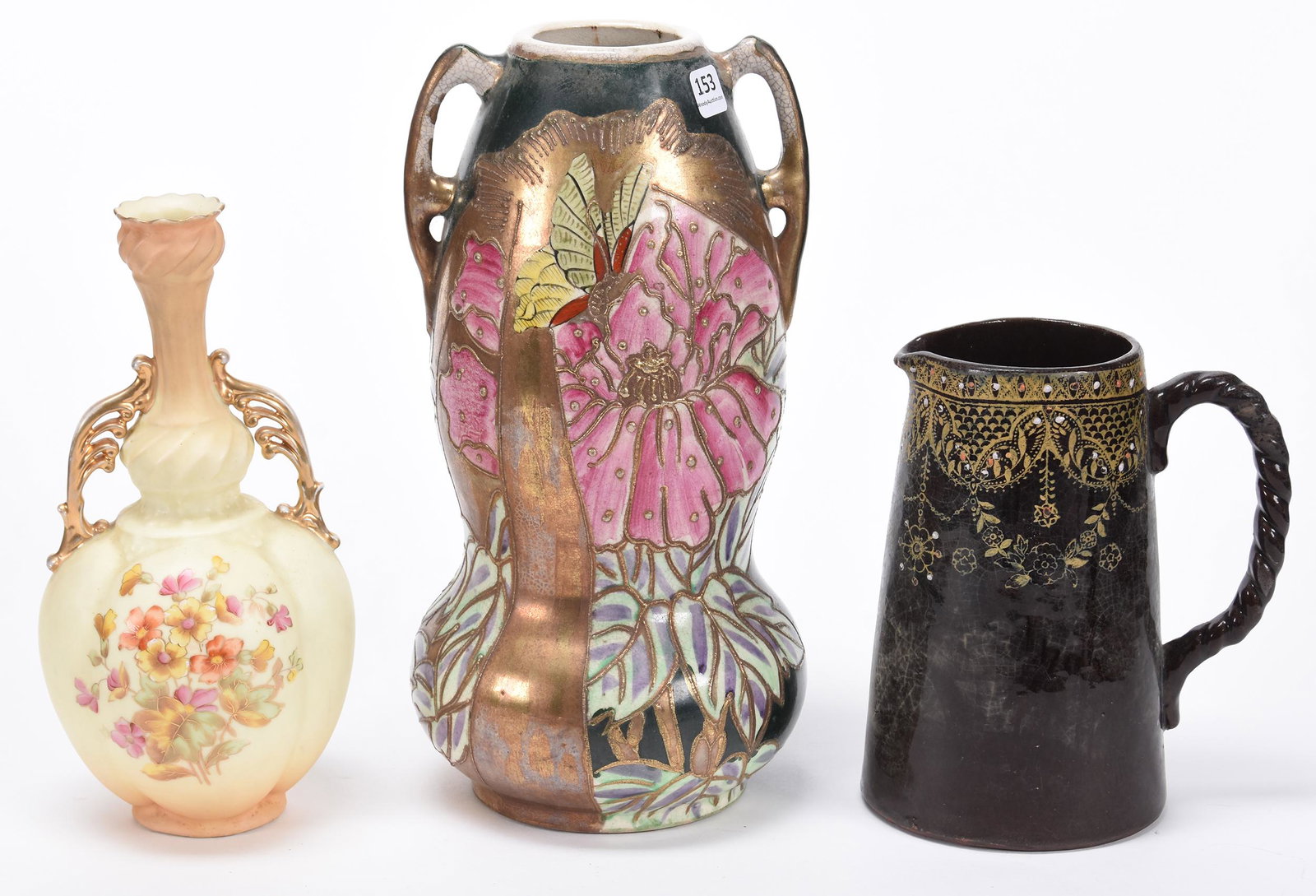 (3) Assorted Items: (3) Assorted Items; (1) 11.75" Unmarked Nippon Style Two-Handled Vase, Green with Pink Floral and Butterfly Decor, (1) 9.5" Royal Austria Two-Handled Vase, Cream with Floral Decor, (1) 7.25" Unmarked 