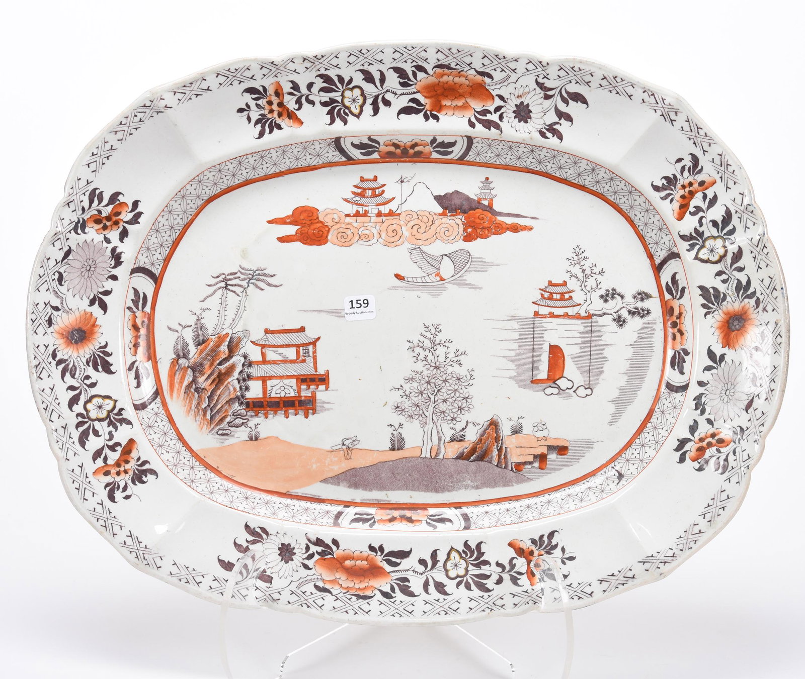 Turkey Platter Marked Mason Ironstone: Turkey Platter Marked Mason Ironstone; 21" X 16" White and Lavender with Orange Highlights, Oriental Scene; Balliet Collection, Mississippi