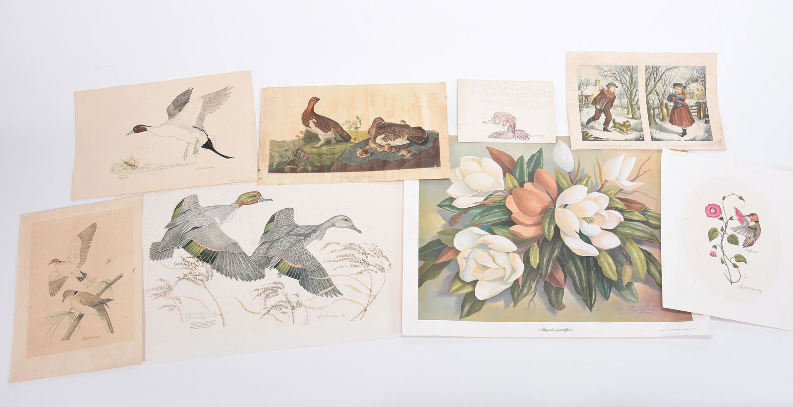 Assorted Group of Artwork, Unframed: Assorted Group of Artwork, Unframed; (4) Prints by Gene Murray, (1) Currier & Ives, (1) by Peggy Nyrick Knight #62/1000, and More, See Photos for Details, Most Have Some Staining and Speckling; Ballie