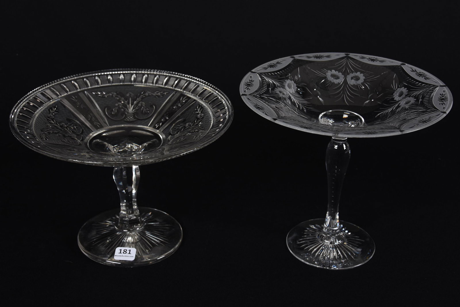 (2) Compotes, American Brilliant Cut Glass: (2) Compotes, American Brilliant Cut Glass; (1) 7.5" X 8.5" Pairpoint, Engraved Floral with Frosted Edge, Notched Stem, Ray Cut Foot - (1) 6.25" X 9.25" Engraved Floral Basket Design with Frosted Back