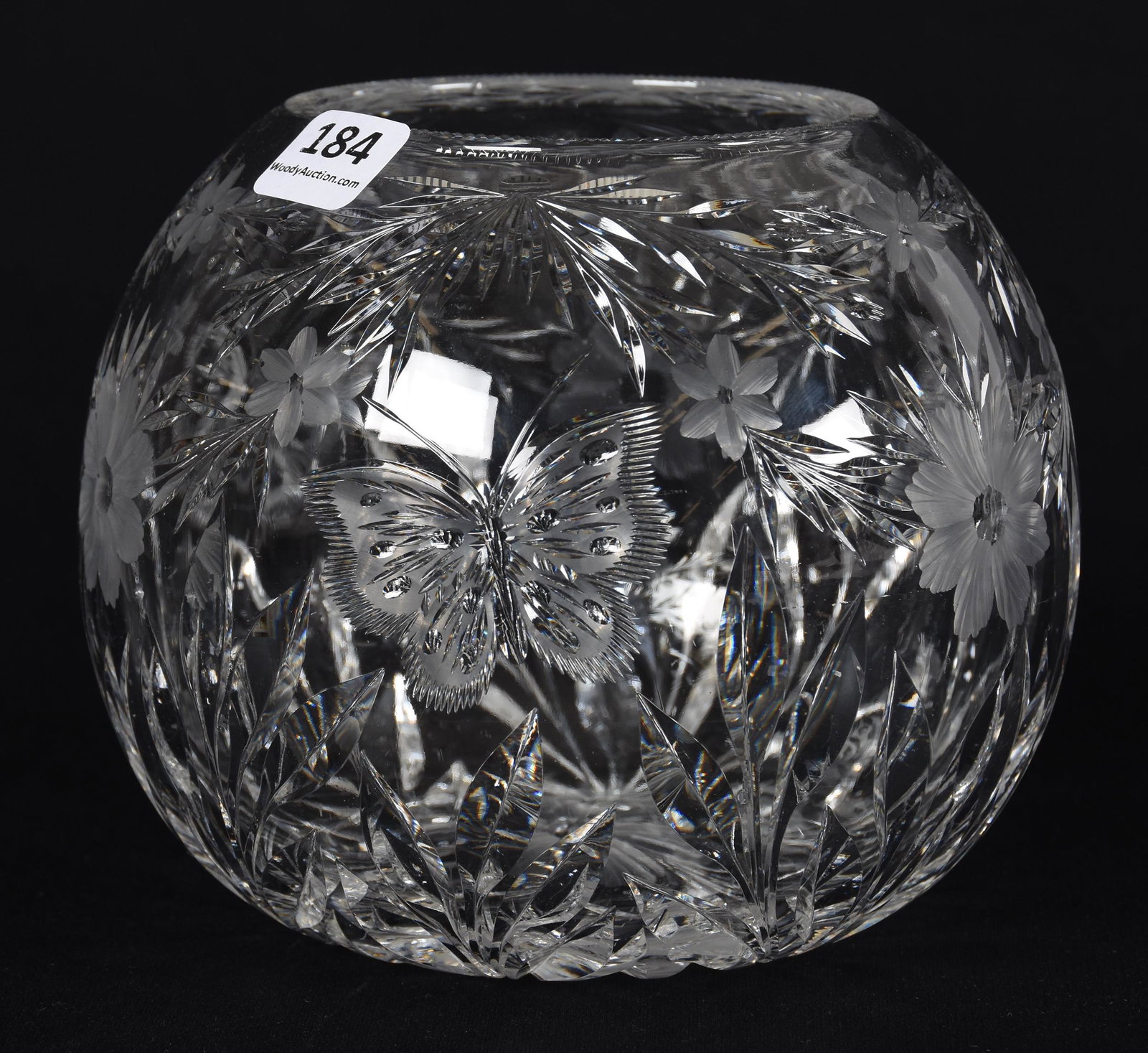 Rose Bowl, American Brilliant Cut Glass: Rose Bowl, American Brilliant Cut Glass; 5" X 6" Engraved Butterfly and Floral Garland, Pattern Cut Base, Attributed to Pairpoint; Blattner Collection, Montana