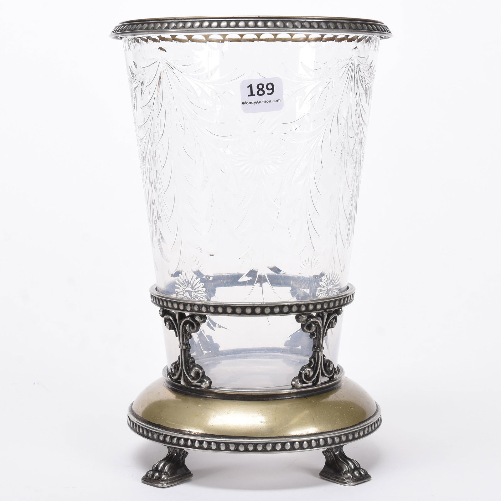 Vase, American Brilliant Cut Glass: Vase, American Brilliant Cut Glass; 9.75" X 6.25" Pairpoint, Lightly Engraved Floral Garland Design, Set on Silverplate Base with Removeable Silverplate Rim on Vase, Glass Is Cloudy, Needs Cleaning; B